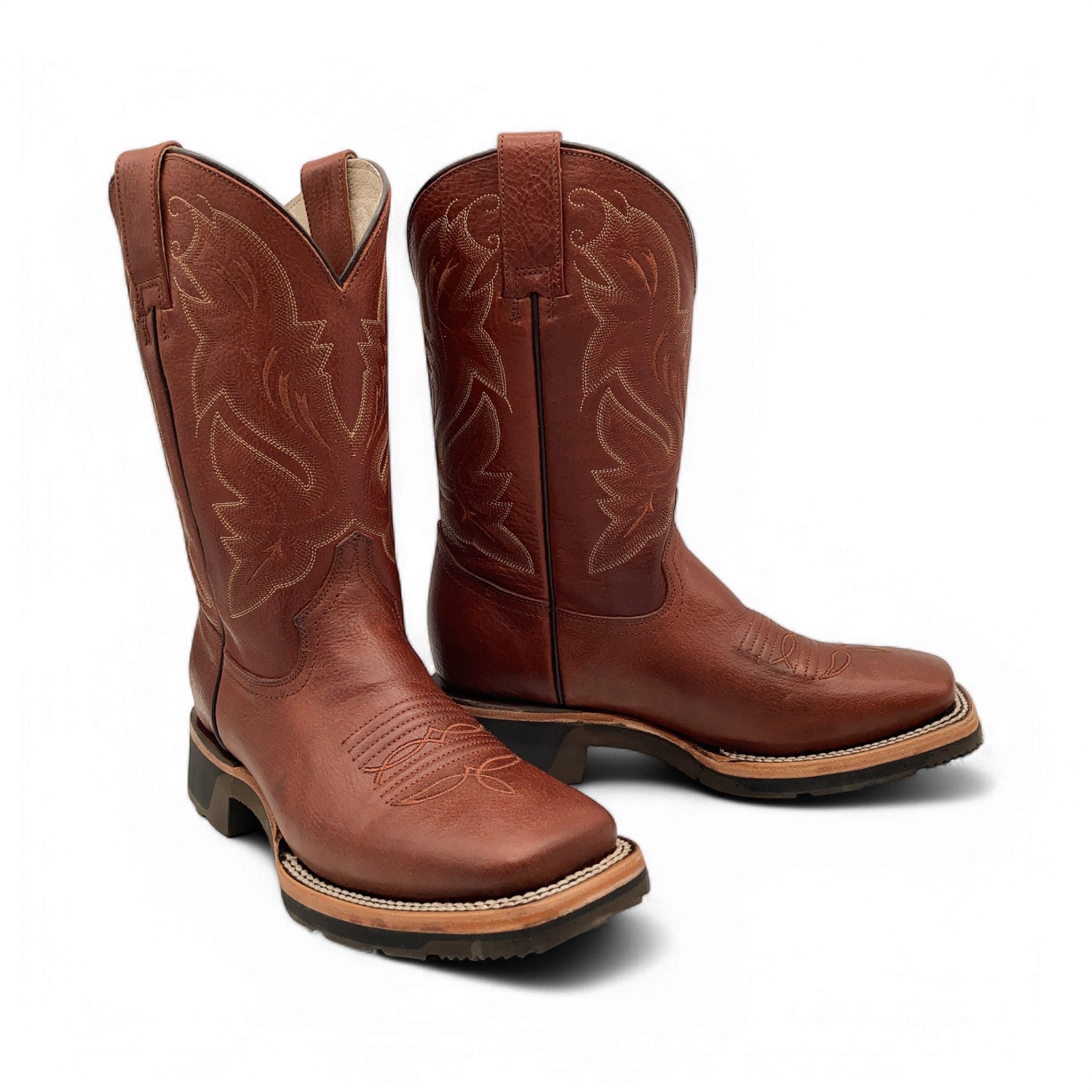 Men’s Leather Western Cowboy Boot Square Toe Mid Calf Rubber Sole