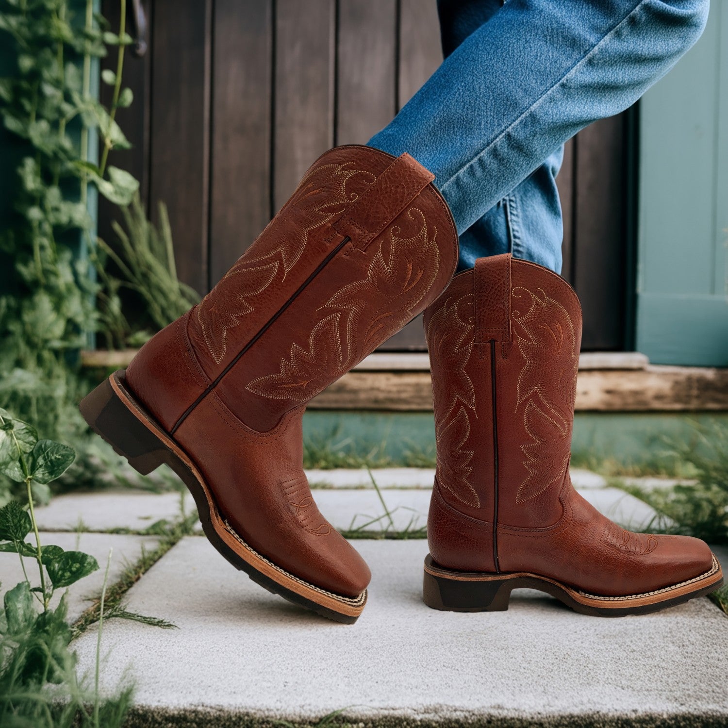 Men’s Leather Western Cowboy Boot Square Toe Mid Calf Rubber Sole