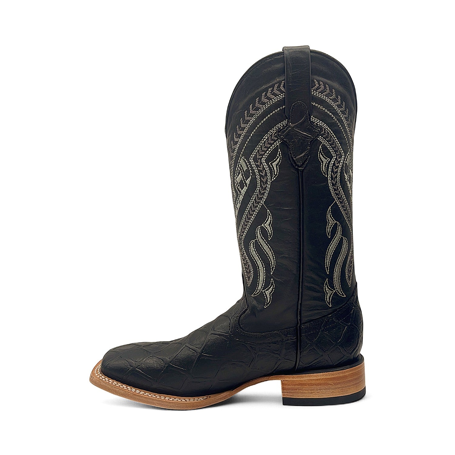 Men’s Leather Western Boot Pirarucu Fish Print Square Toe Mid-Calf