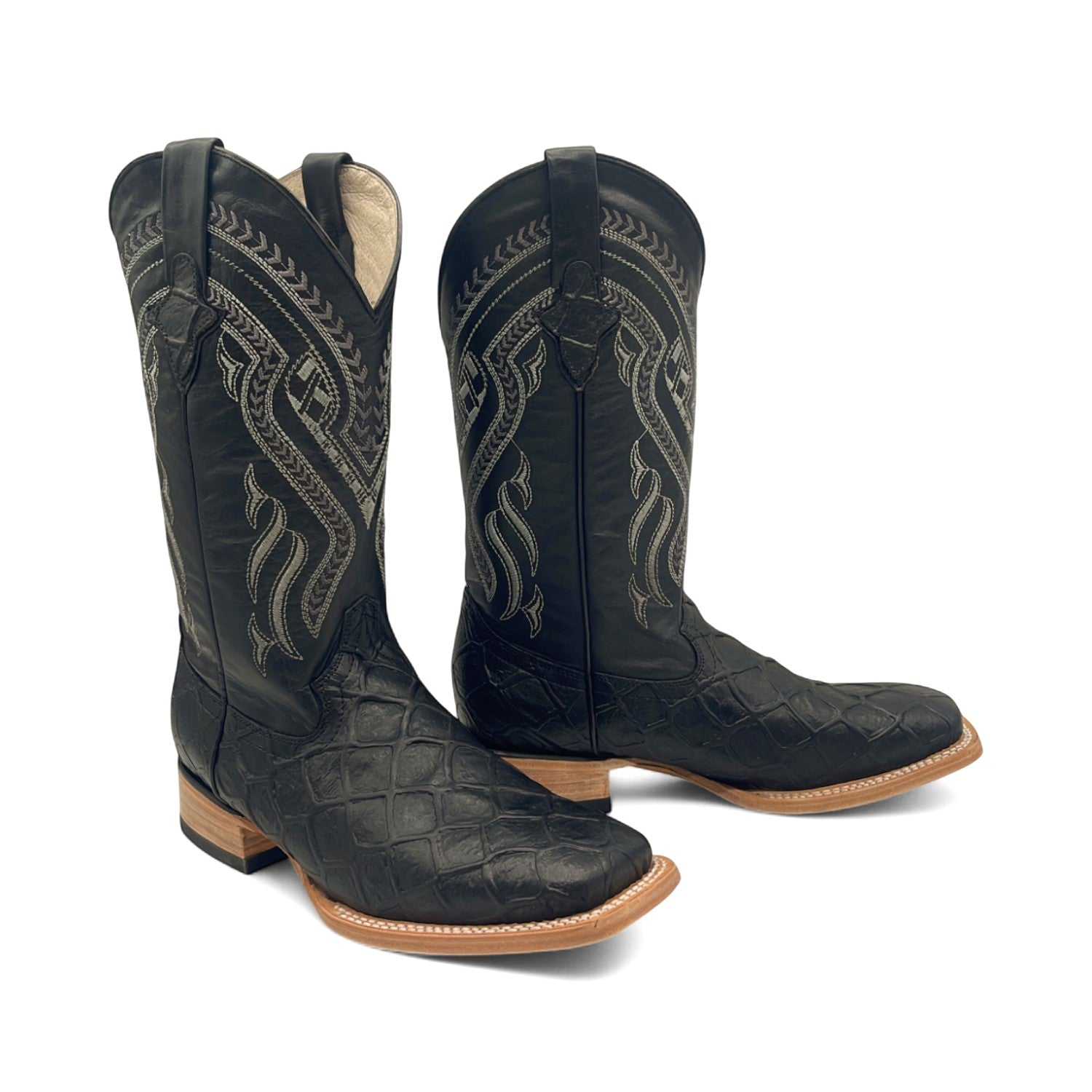 Men’s Leather Western Boot Pirarucu Fish Print Square Toe Mid-Calf