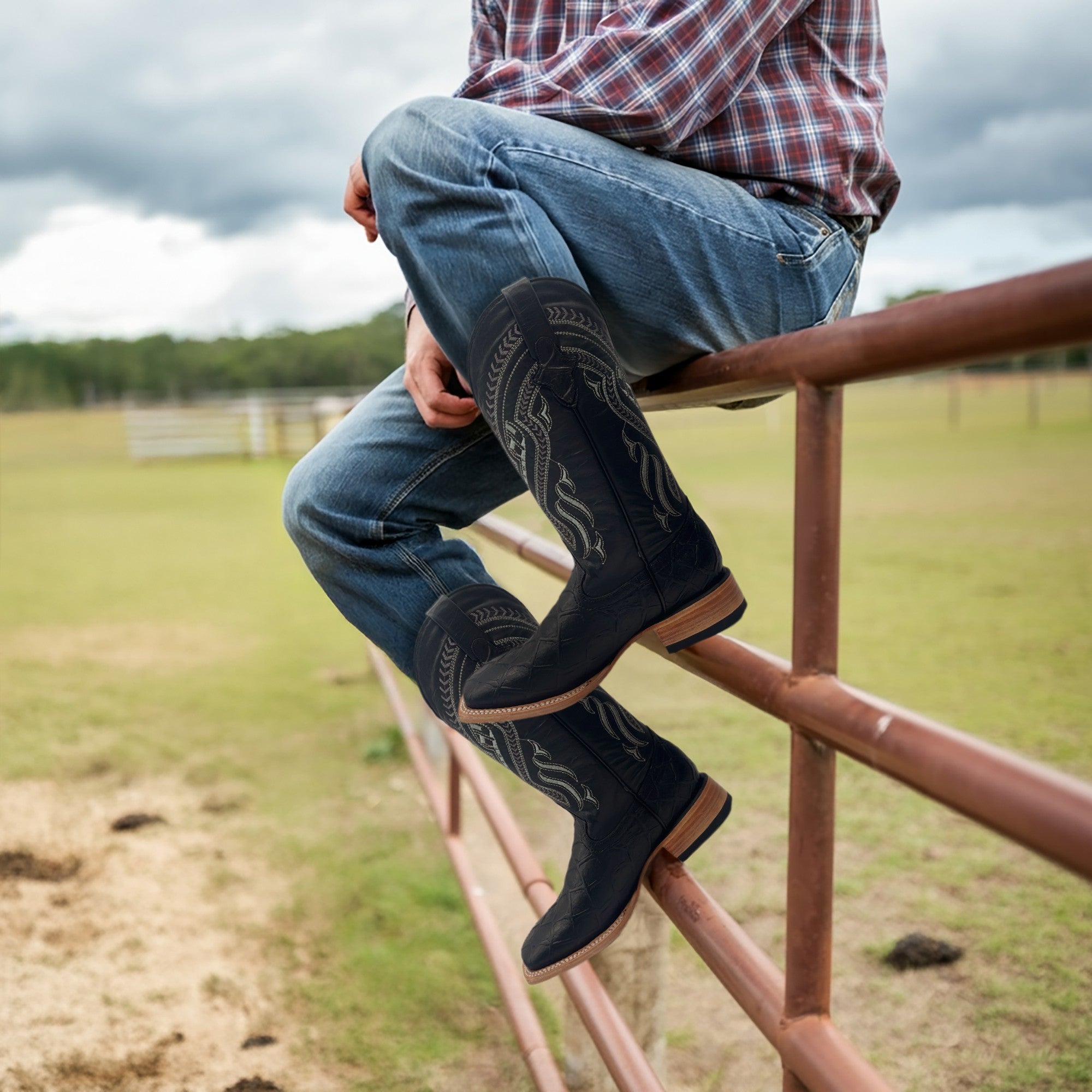 Men’s Leather Western Boot Pirarucu Fish Print Square Toe Mid-Calf