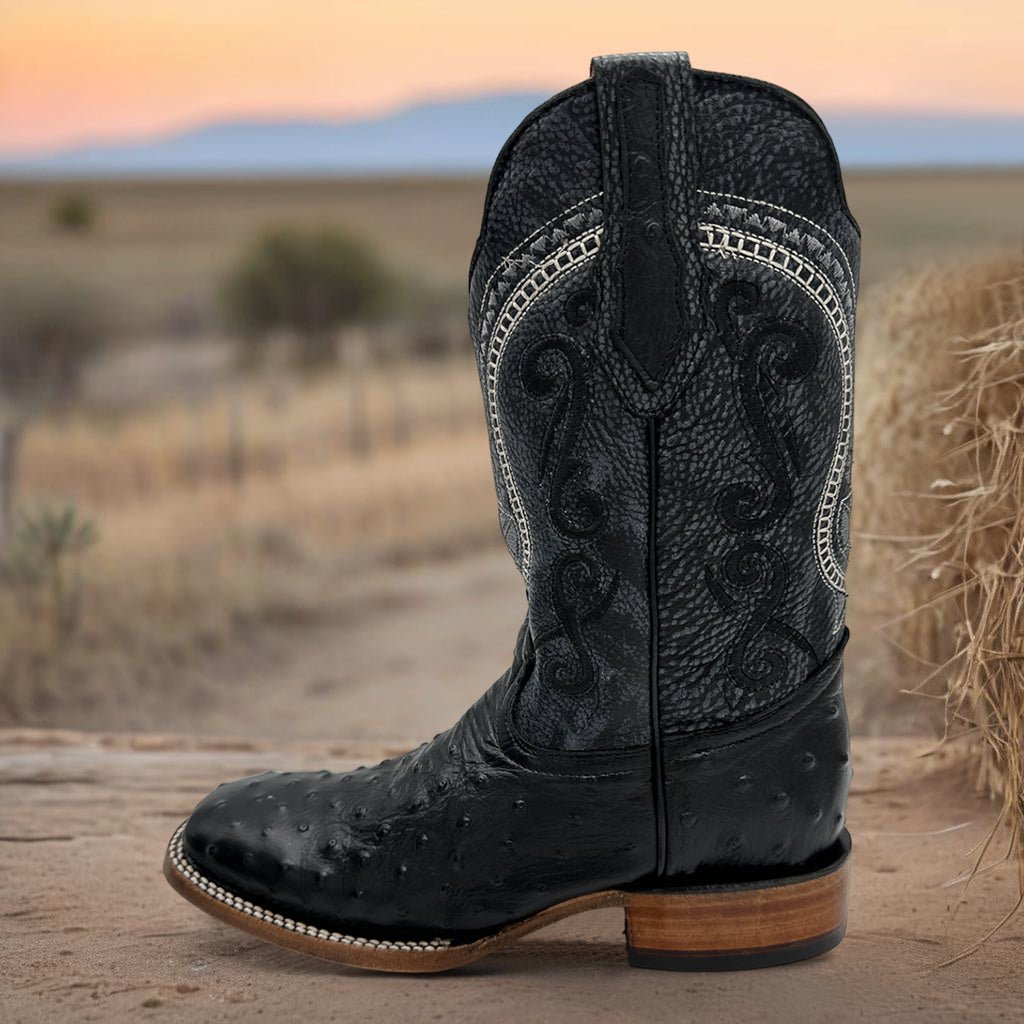 Men's Leather Ostrich Quill Print Square Toe Western Cowboy Boot