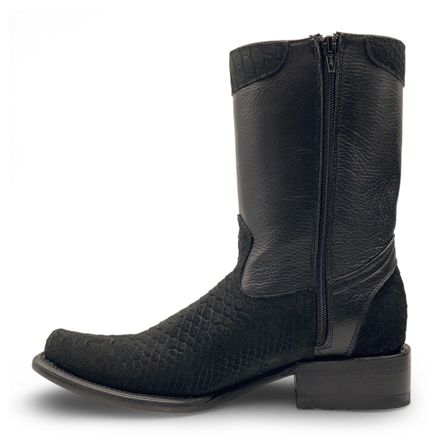 Men’s Python Print Leather Cowboy Boot with a Full Side Zipper, Dubai Square Toe