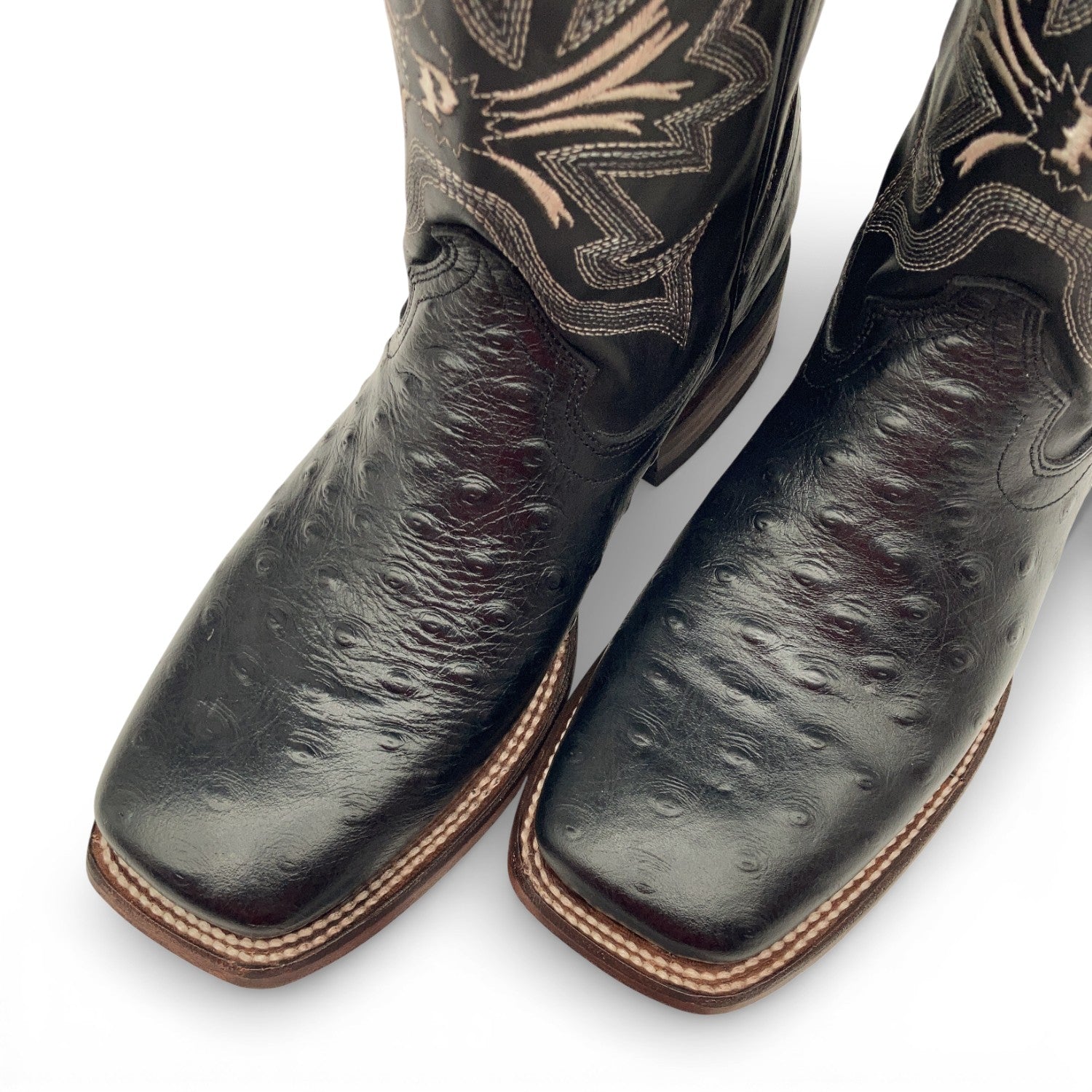 Men’s Leather Cowboy Boot Square Toe Embossed Ostrich Print Western Boot