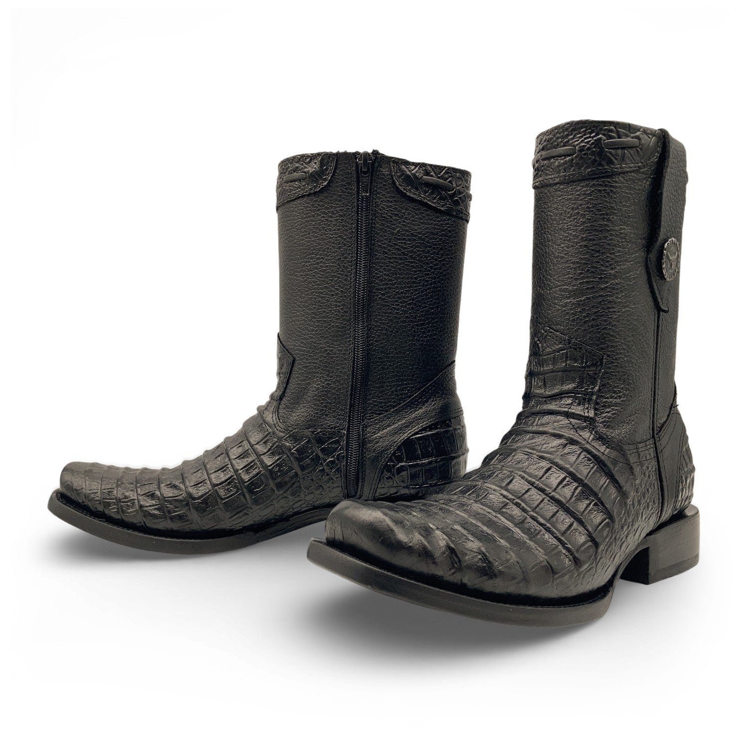 Men’s Caiman Print, Square Toe, Leather Cowboy Boot, with a Full Side Zipper