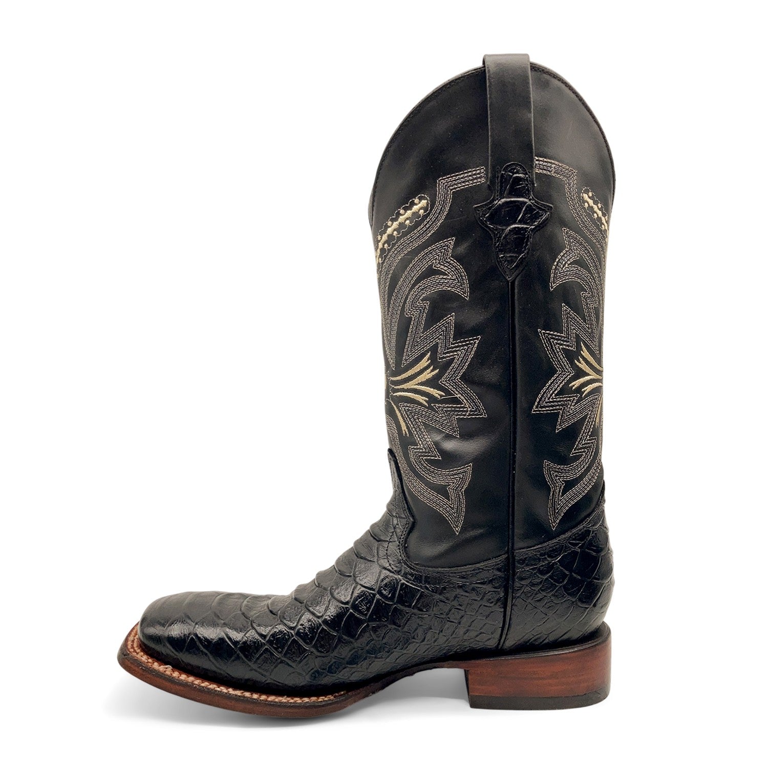 Men’s Leather Cowboy Boot Square Toe Embossed Python Print