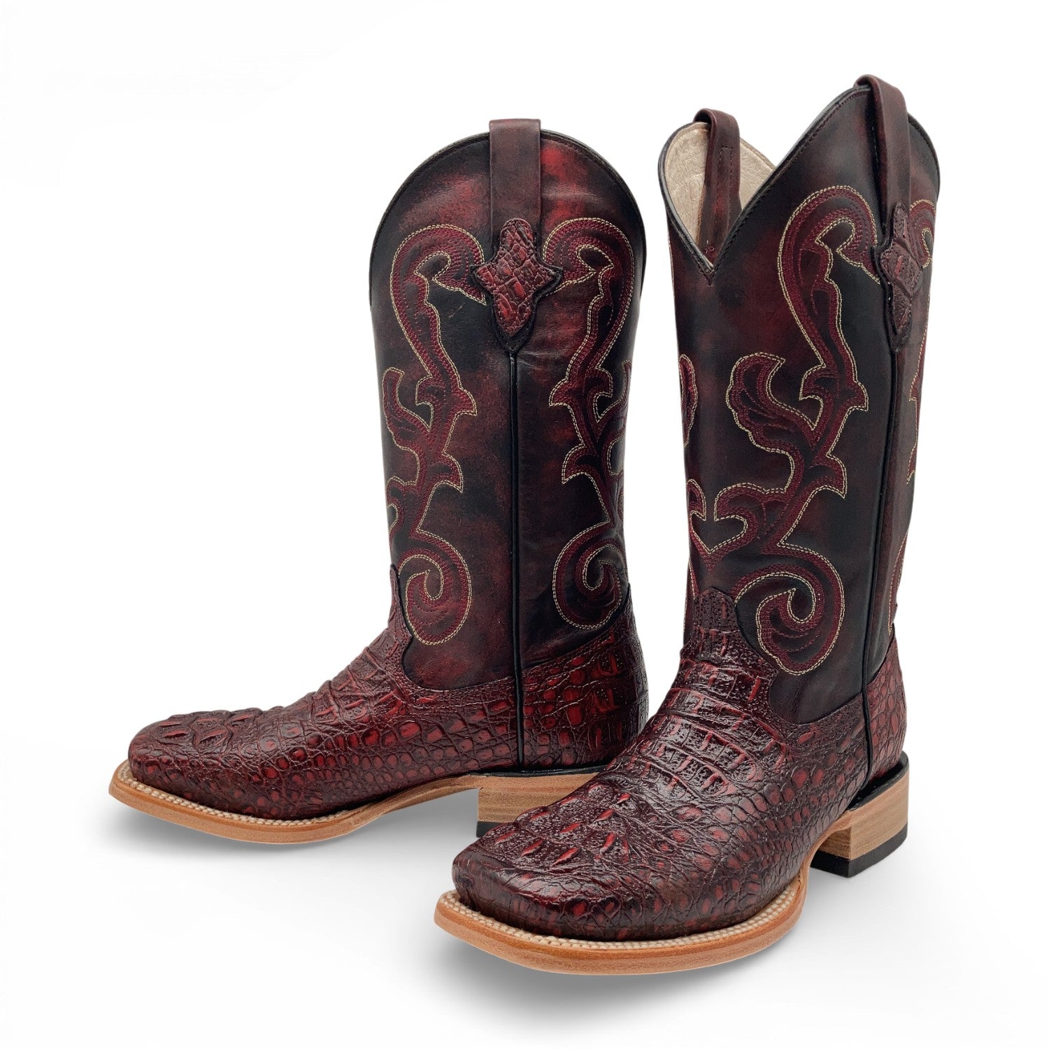 Men’s Leather Cowboy Boot Square Toe Embossed Alligator Crocodile Print