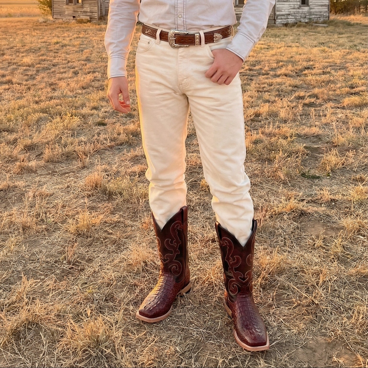 Men’s Leather Cowboy Boot Square Toe Embossed Alligator Crocodile Print