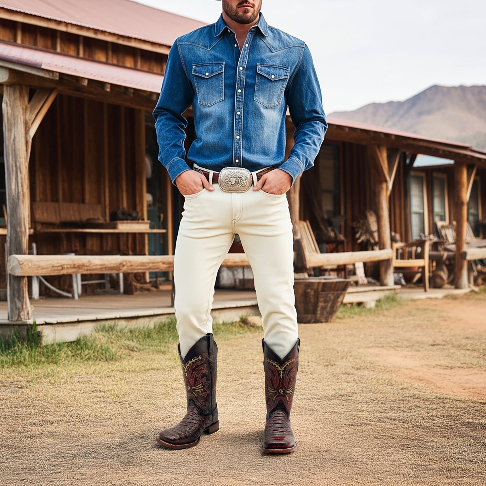 Men’s Leather Cowboy Boot Square Toe Embossed Python Print