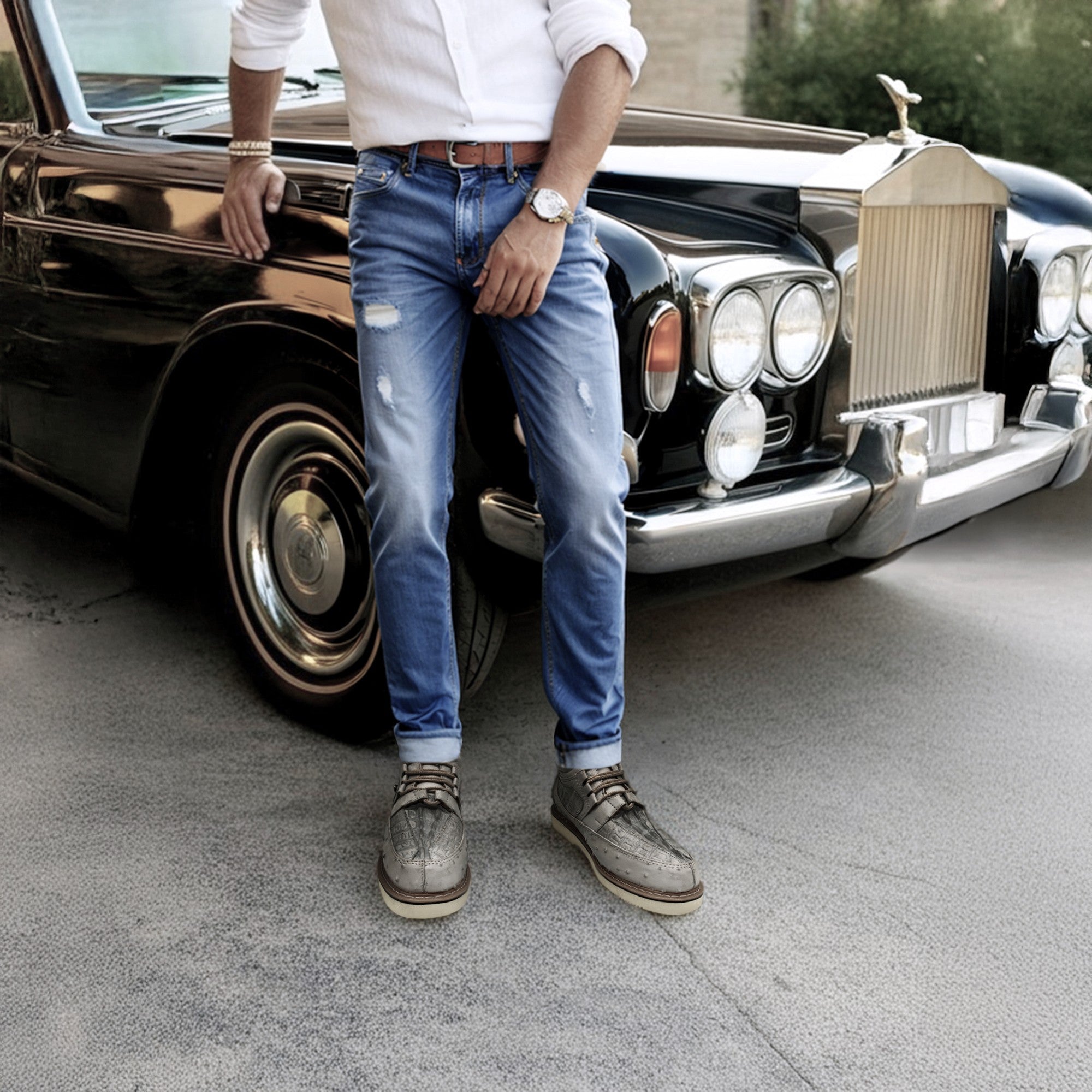 Men's Embossed Crocodile Ostrich Print Leather Lace Up Shoe