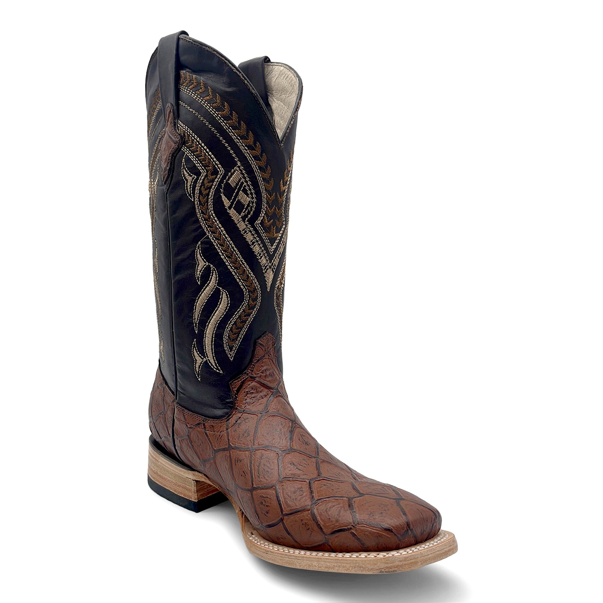 Men’s Leather Western Boot Pirarucu Fish Print Square Toe Mid-Calf