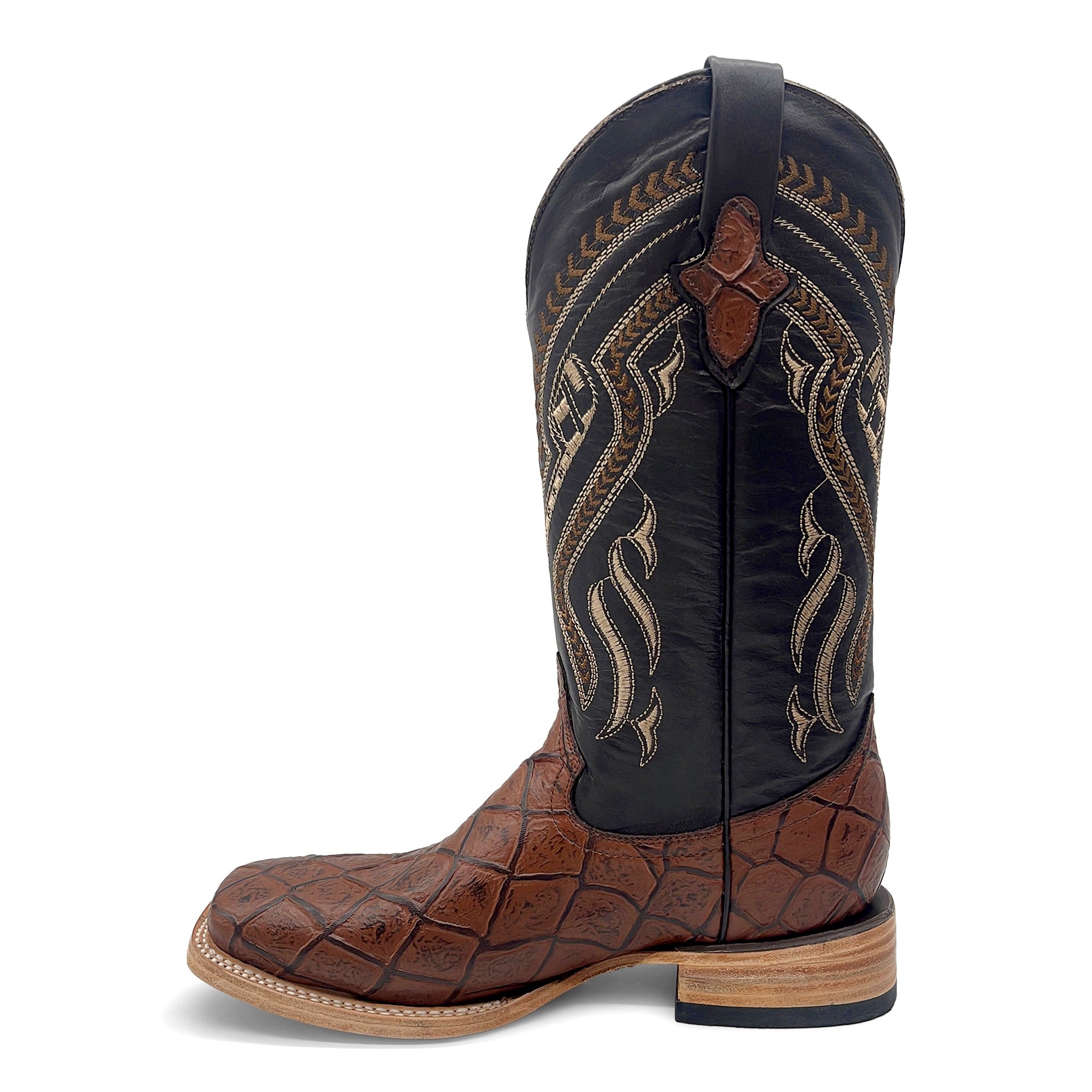 Men’s Leather Western Boot Pirarucu Fish Print Square Toe Mid-Calf