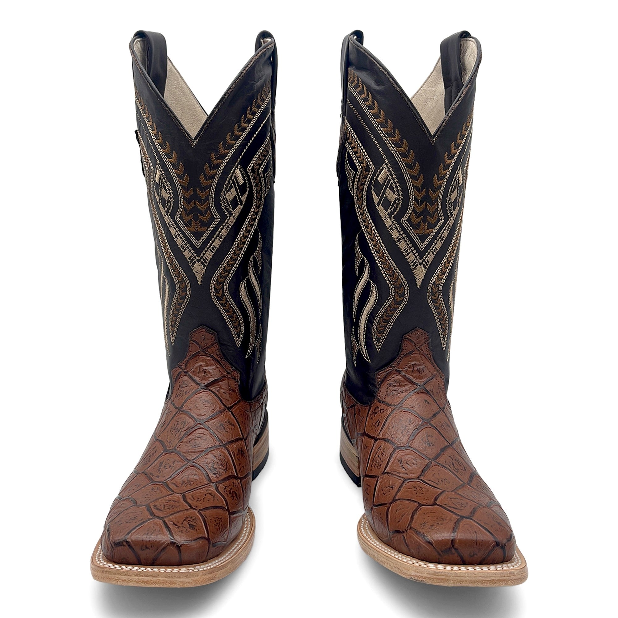 Men’s Leather Western Boot Pirarucu Fish Print Square Toe Mid-Calf