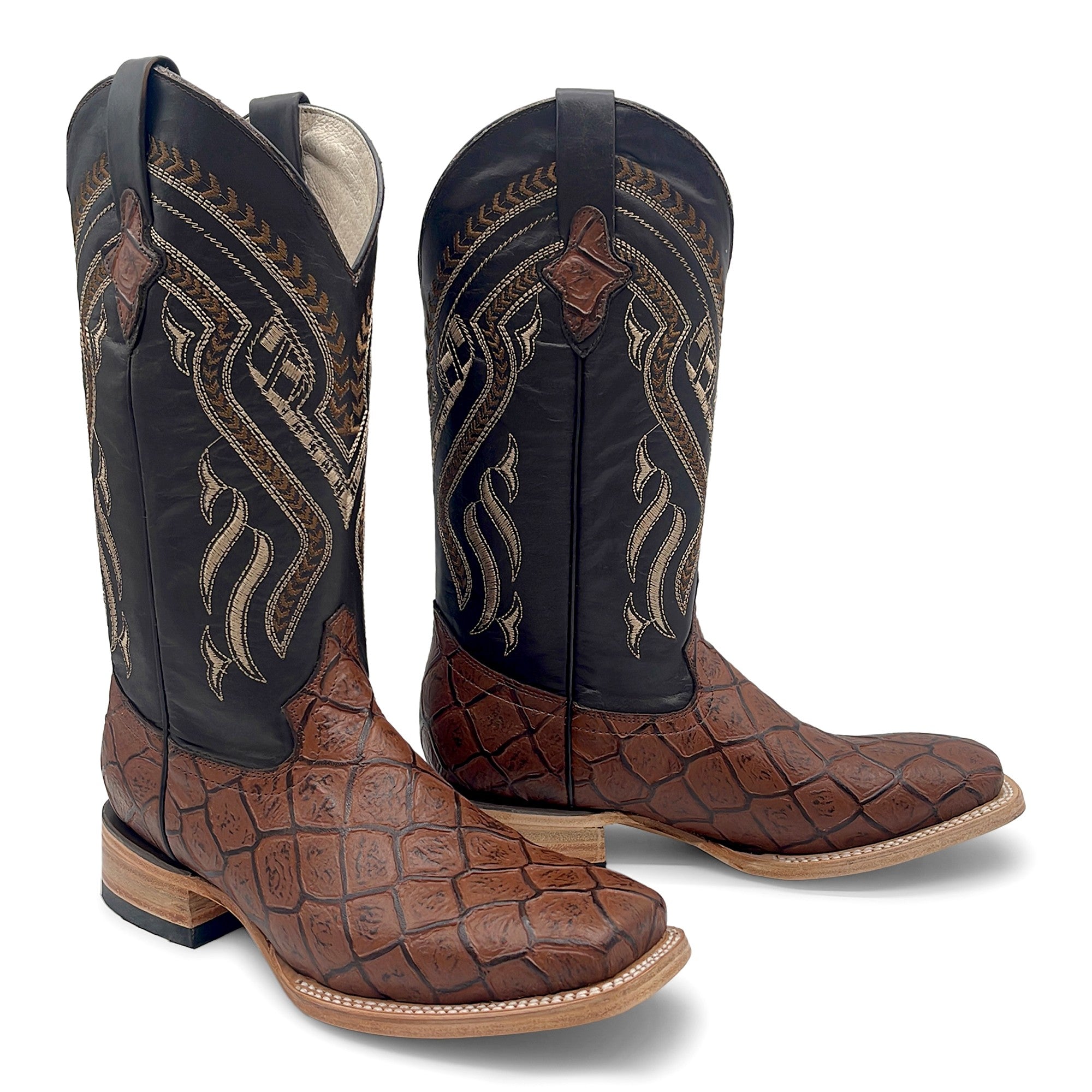 Men’s Leather Western Boot Pirarucu Fish Print Square Toe Mid-Calf