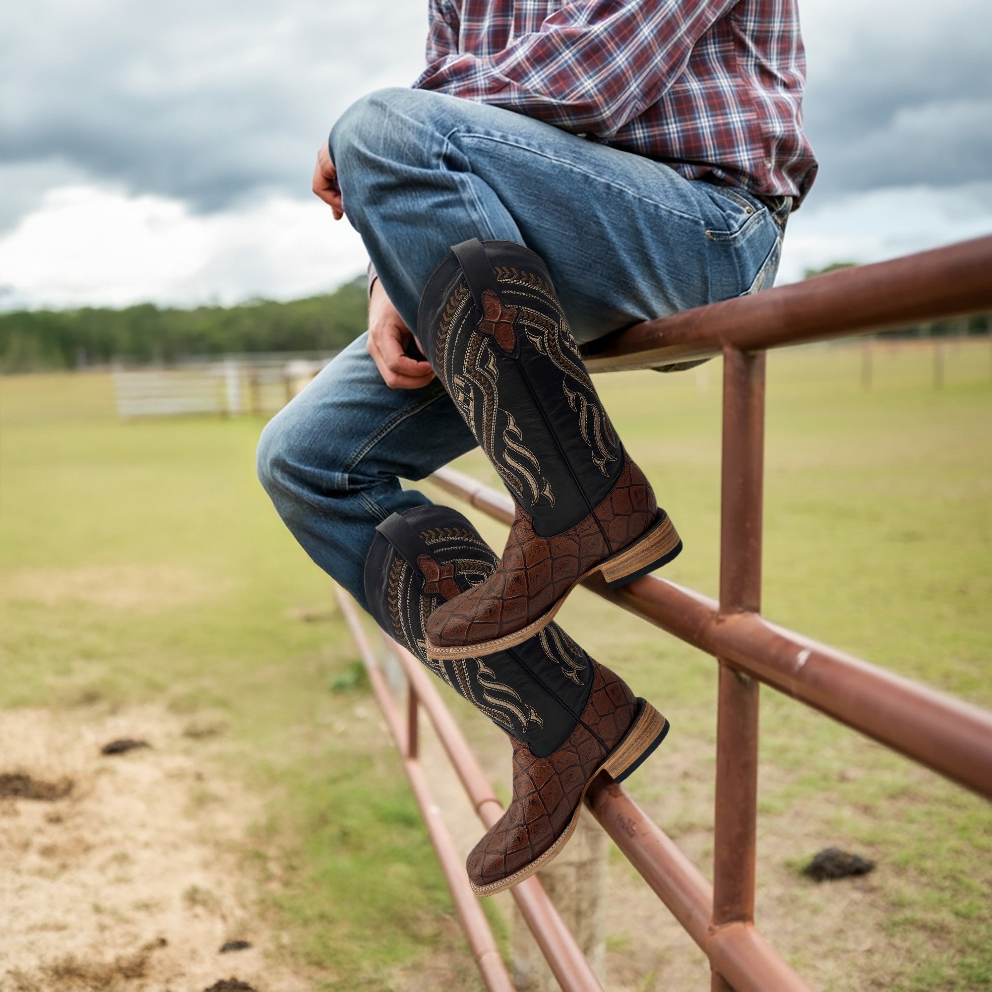 Men’s Leather Western Boot Pirarucu Fish Print Square Toe Mid-Calf
