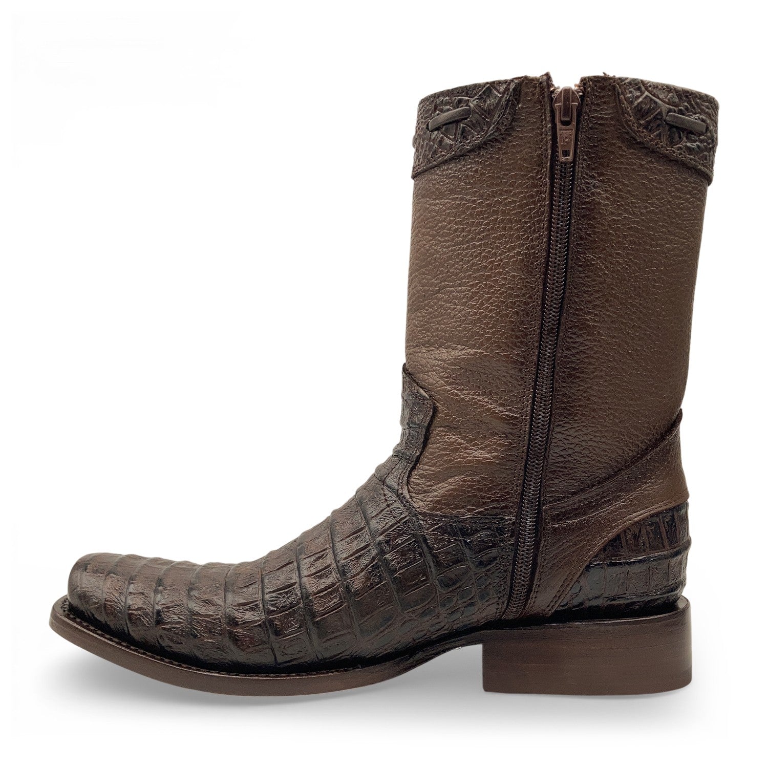 Men’s Caiman Print, Square Toe, Leather Cowboy Boot, with a Full Side Zipper
