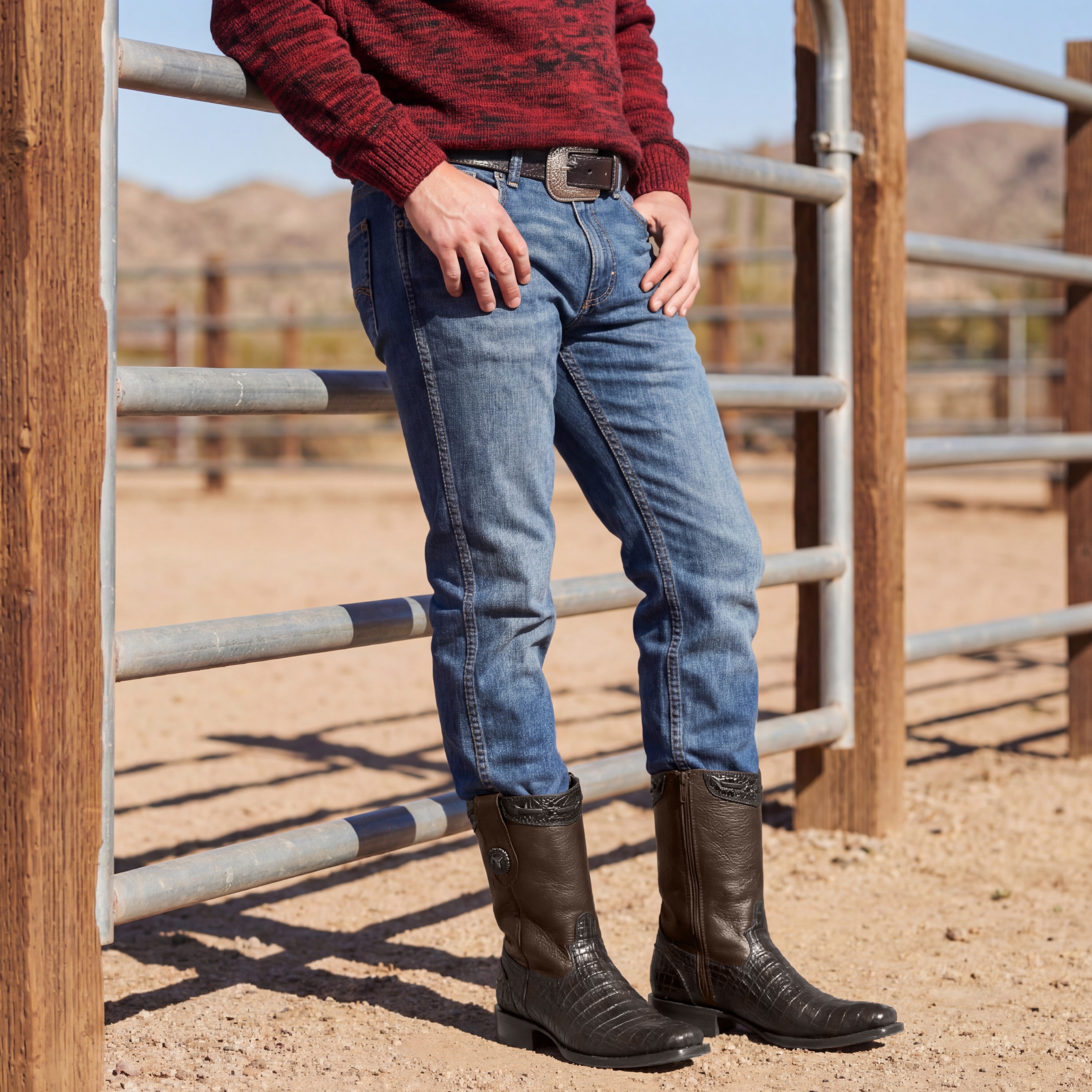 Men’s Caiman Print, Square Toe, Leather Cowboy Boot, with a Full Side Zipper