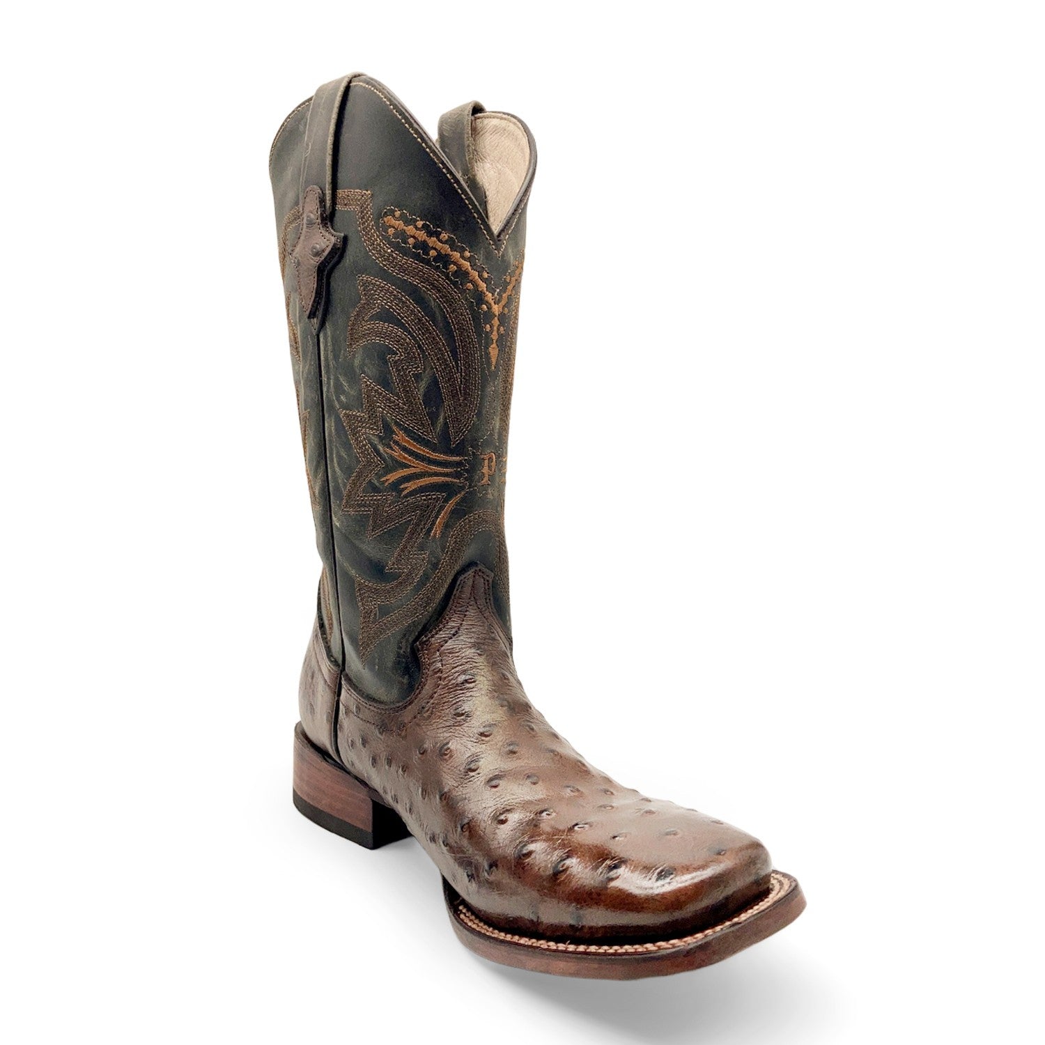 Men’s Leather Cowboy Boot Square Toe Embossed Ostrich Print Western Boot