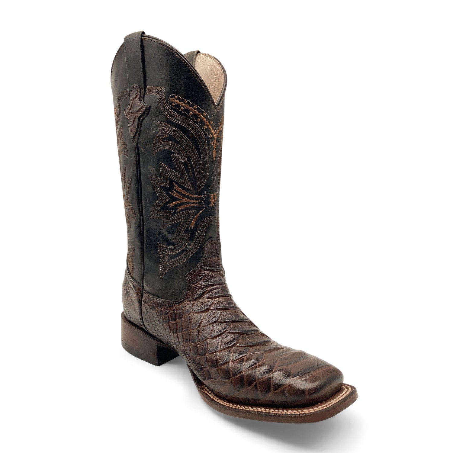 Men’s Leather Cowboy Boot Square Toe Embossed Python Print