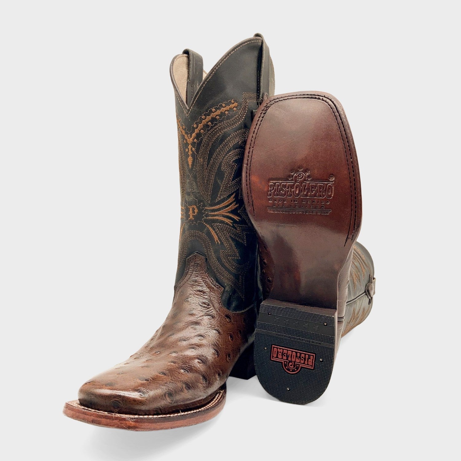 Men’s Leather Cowboy Boot Square Toe Embossed Ostrich Print Western Boot