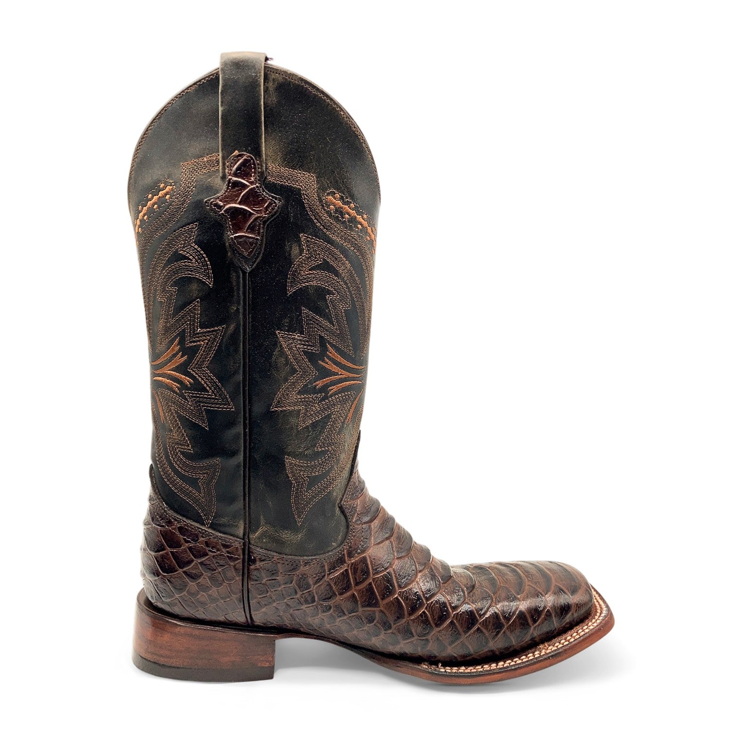 Men’s Leather Cowboy Boot Square Toe Embossed Python Print
