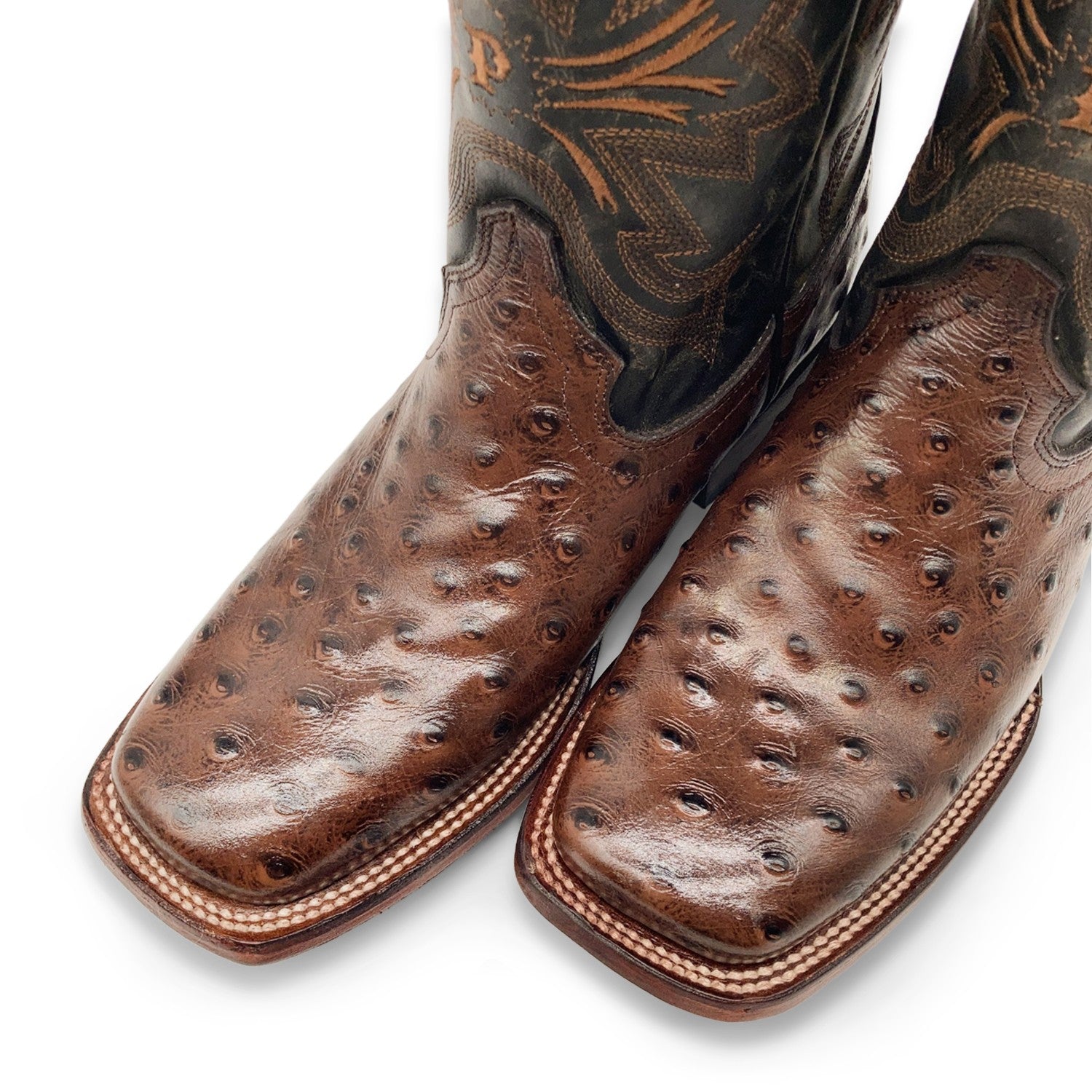 Men’s Leather Cowboy Boot Square Toe Embossed Ostrich Print Western Boot