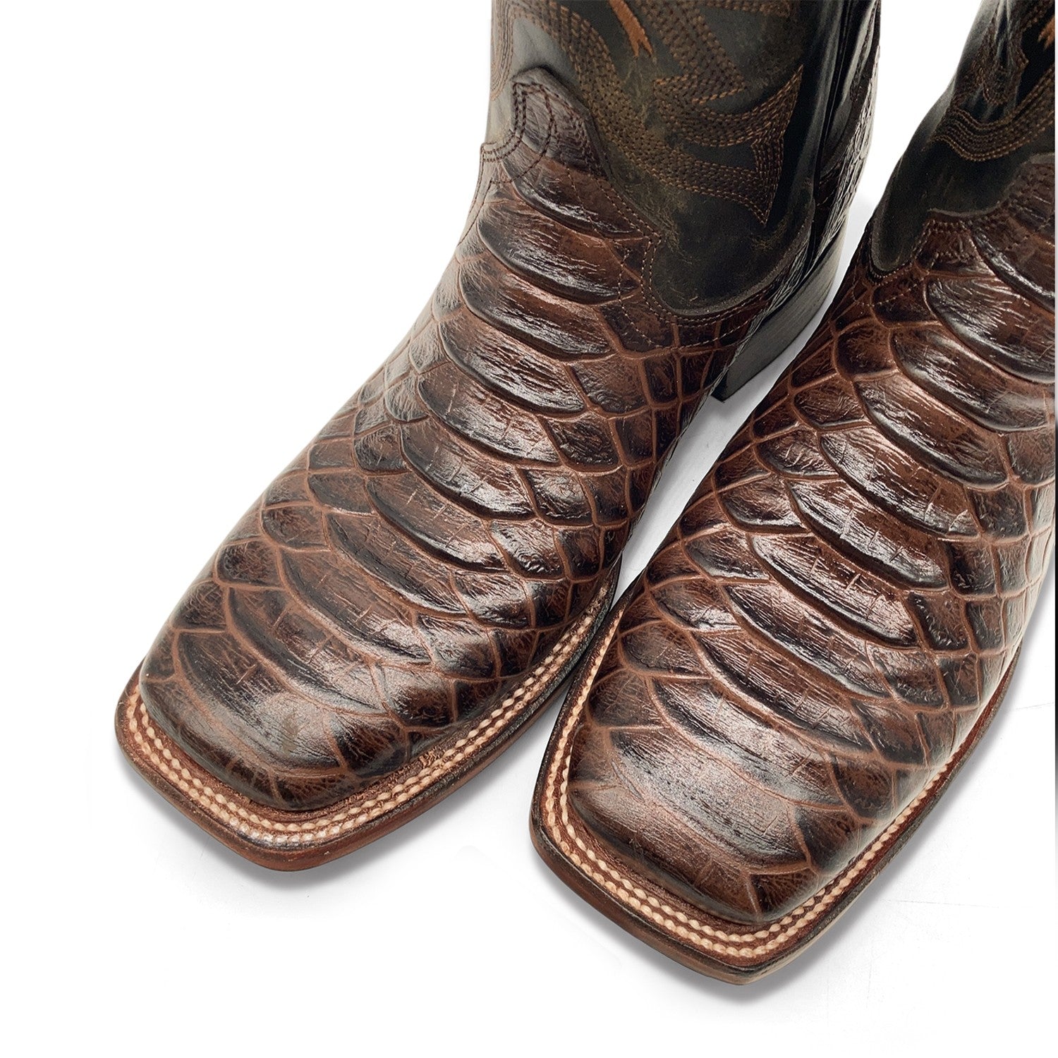 Men’s Leather Cowboy Boot Square Toe Embossed Python Print