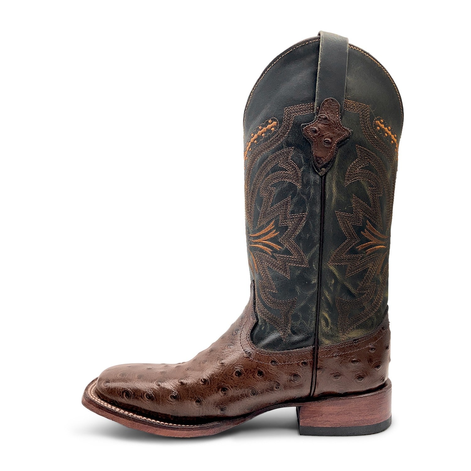 Men’s Leather Cowboy Boot Square Toe Embossed Ostrich Print Western Boot