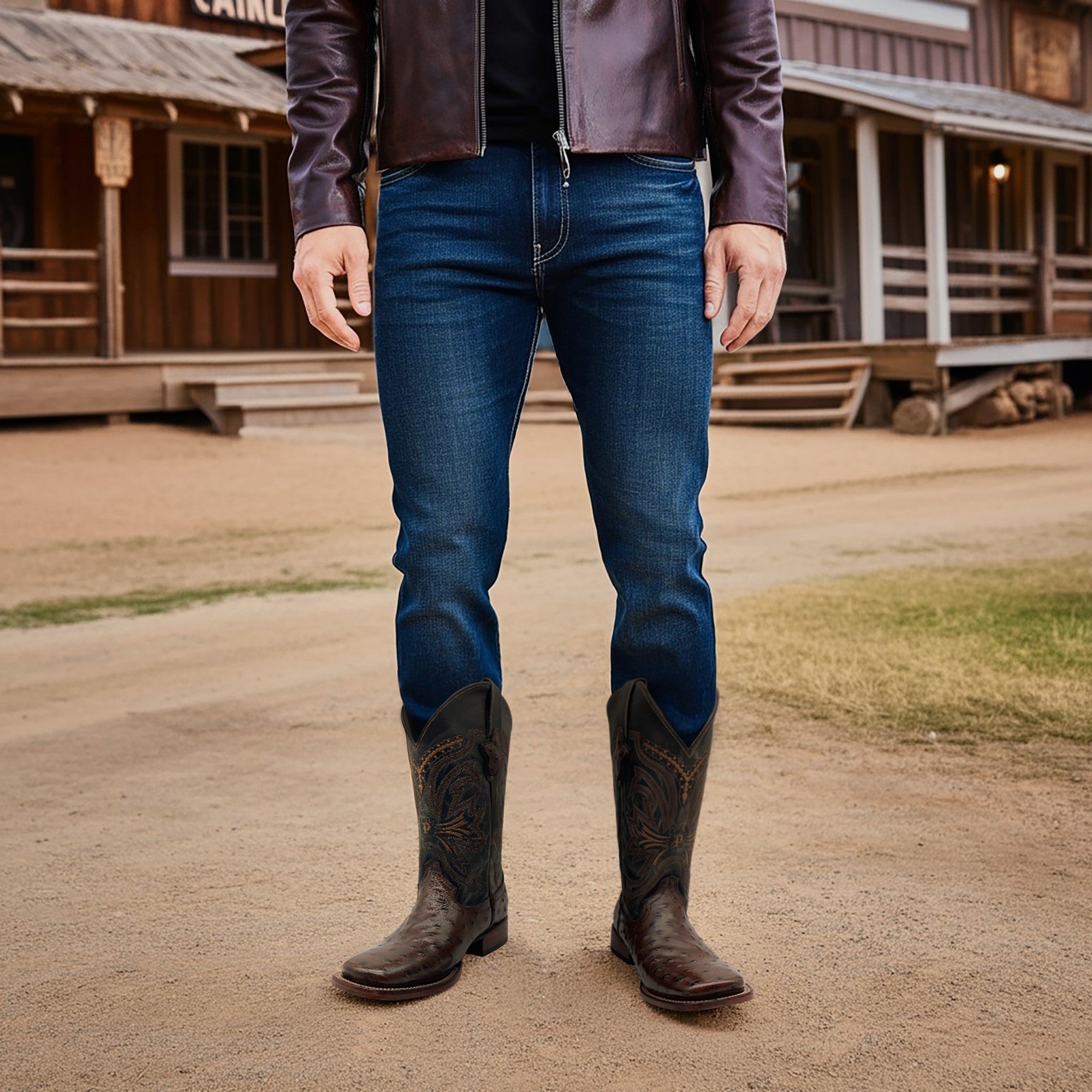 Men’s Leather Cowboy Boot Square Toe Embossed Ostrich Print Western Boot