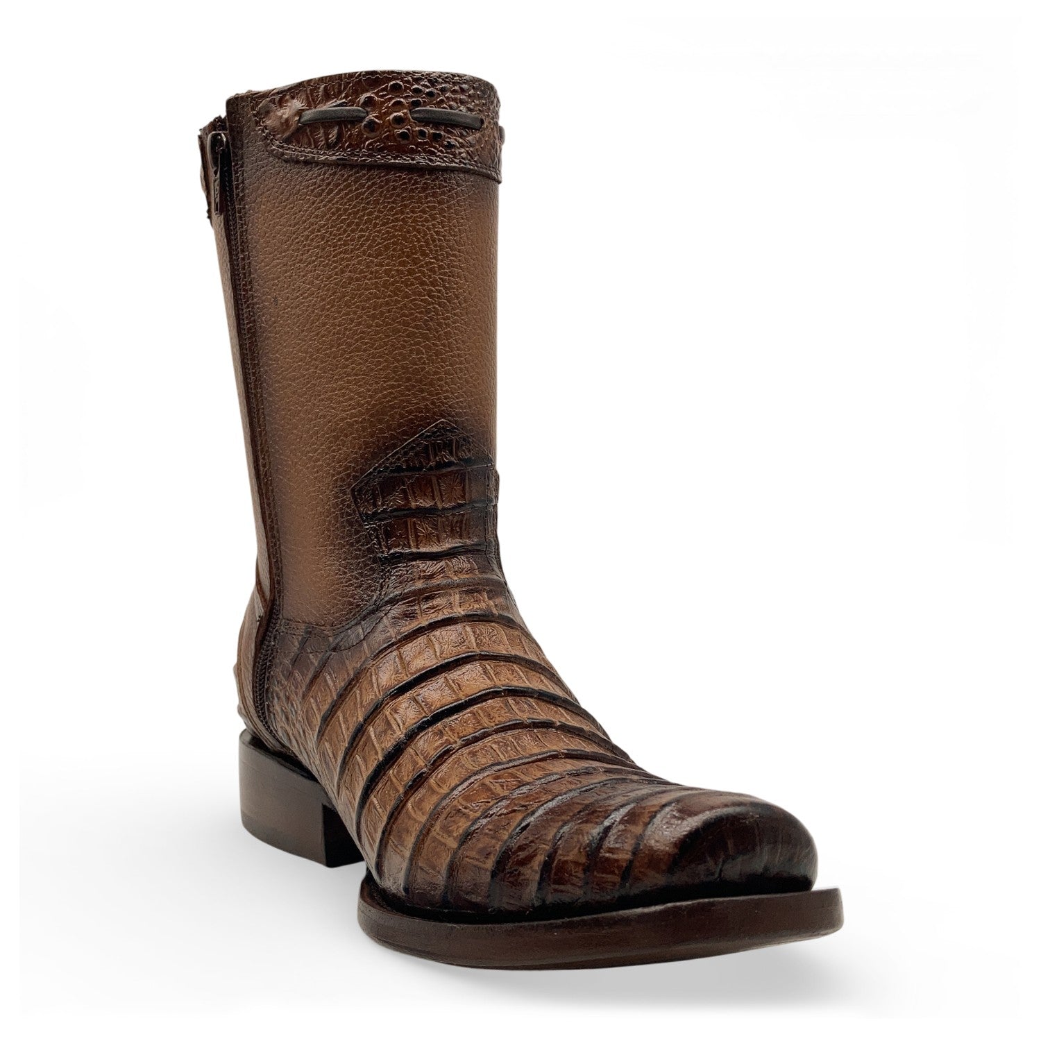 Men’s Caiman Print, Square Toe, Leather Cowboy Boot, with a Full Side Zipper