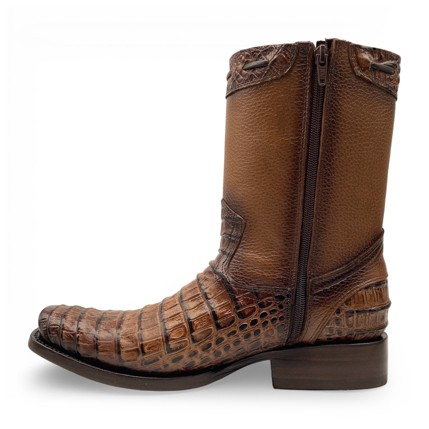 Men’s Caiman Print, Square Toe, Leather Cowboy Boot, with a Full Side Zipper