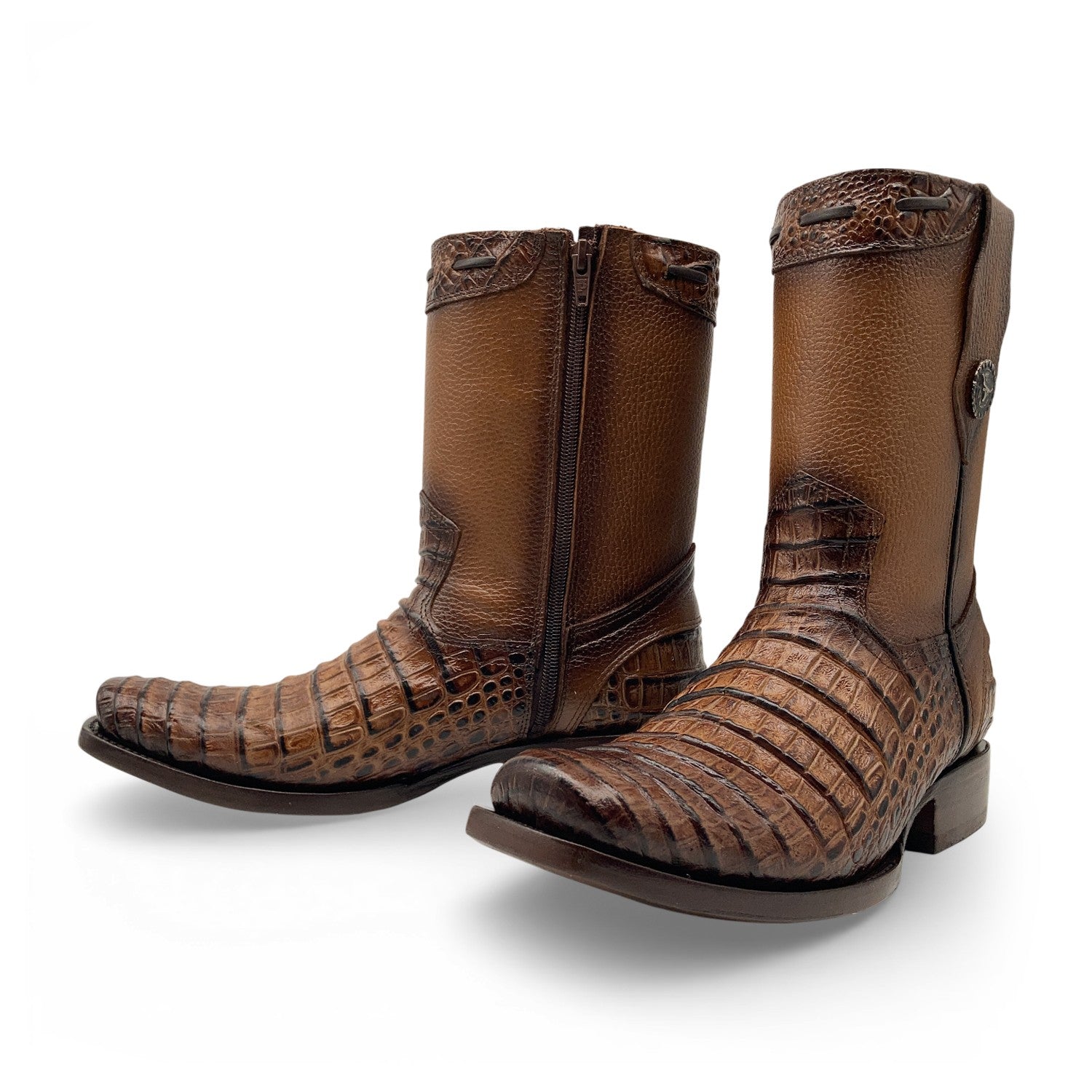 Men’s Caiman Print, Square Toe, Leather Cowboy Boot, with a Full Side Zipper