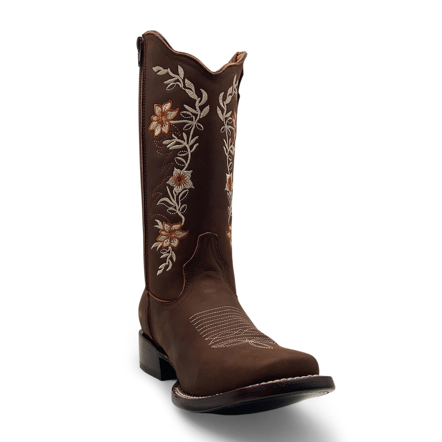 Women’s Western Cowgirl Boots – Leather Mid-Calf Square Toe Boots, Side Zipper Closure and Floral Embroidery