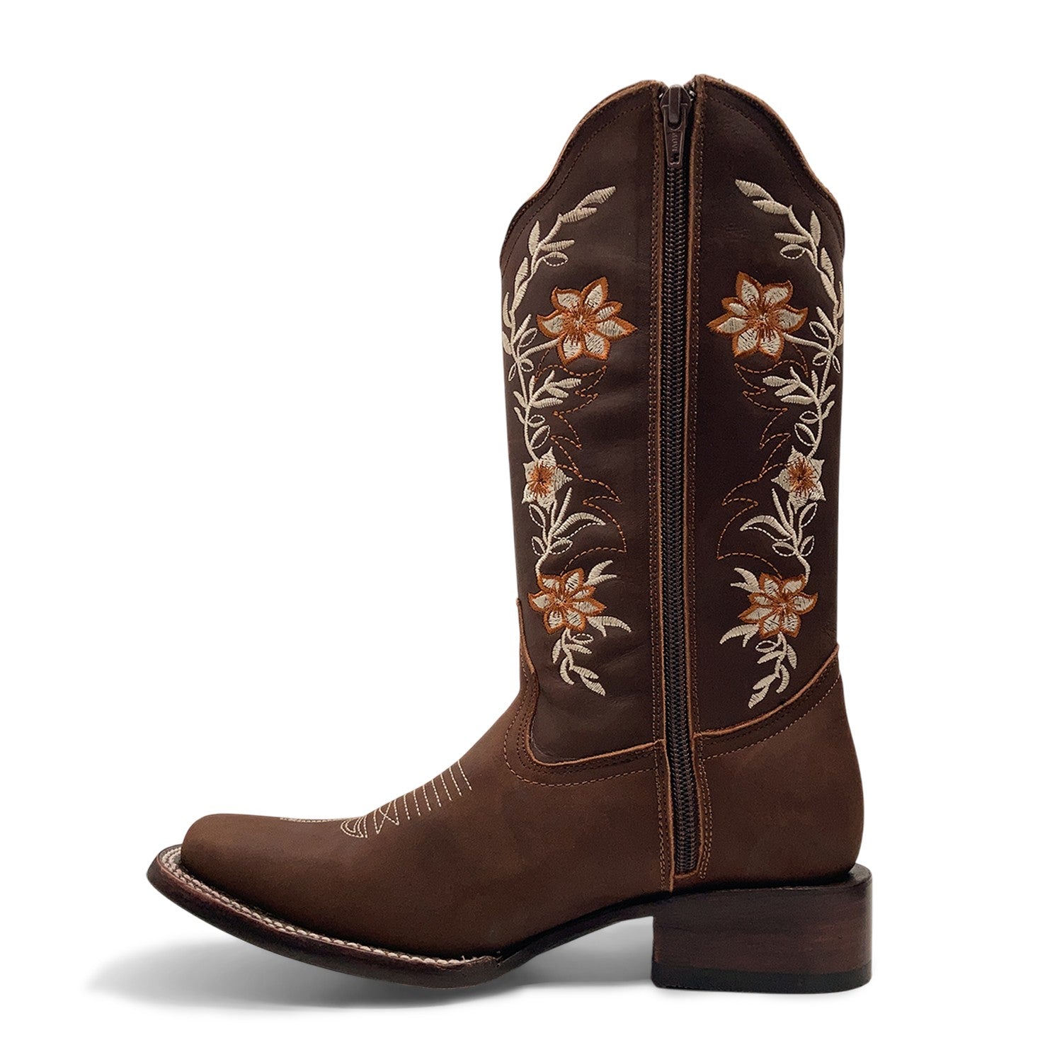 Women’s Western Cowgirl Boots – Leather Mid-Calf Square Toe Boots, Side Zipper Closure and Floral Embroidery
