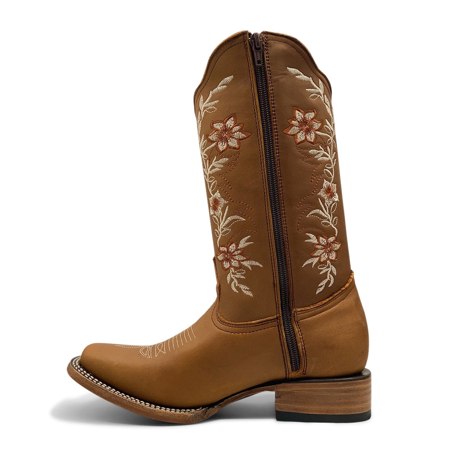 Women’s Western Cowgirl Boots – Leather Mid-Calf Square Toe Boots, Side Zipper Closure and Floral Embroidery