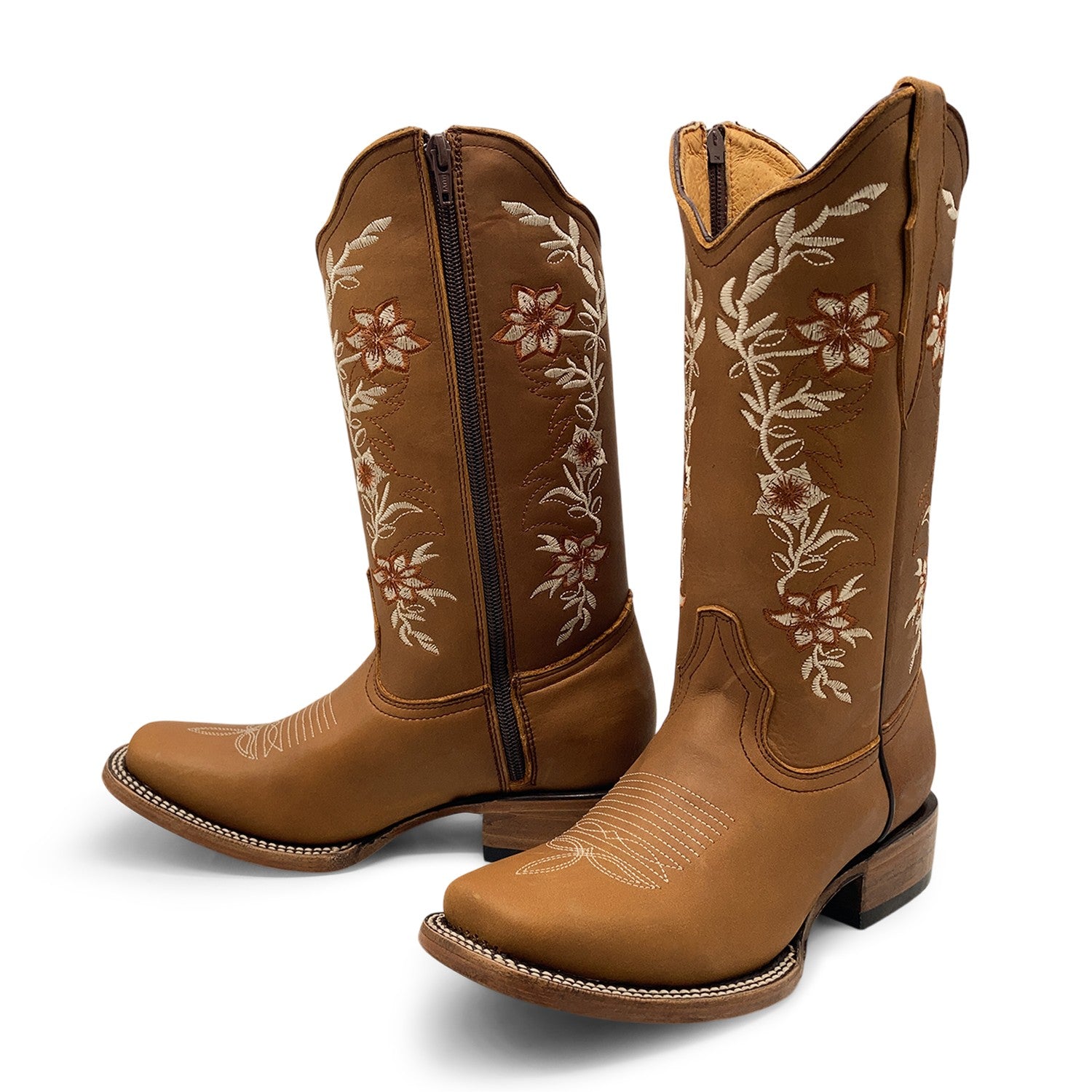 Women’s Western Cowgirl Boots – Leather Mid-Calf Square Toe Boots, Side Zipper Closure and Floral Embroidery