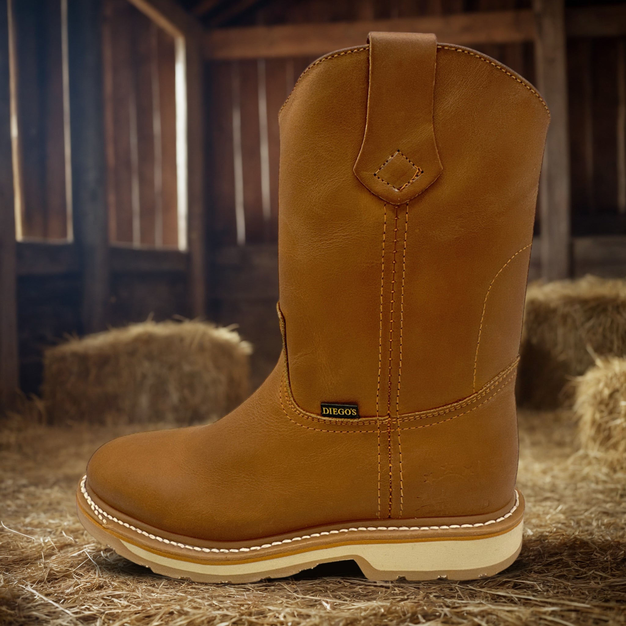 Men's Pull On Leather Mid-Calf Soft Toe Work Boot