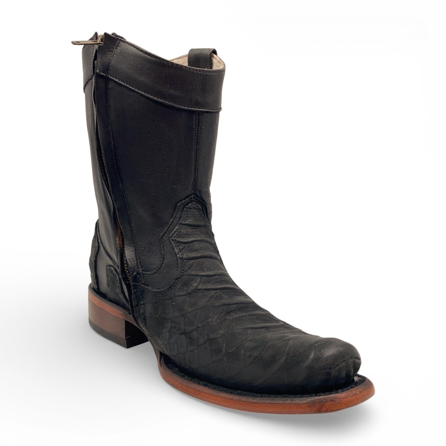 Men's Leather Mid-Calf Boots, Square Toe with Python Print, Full Side Zipper, Leather Sole