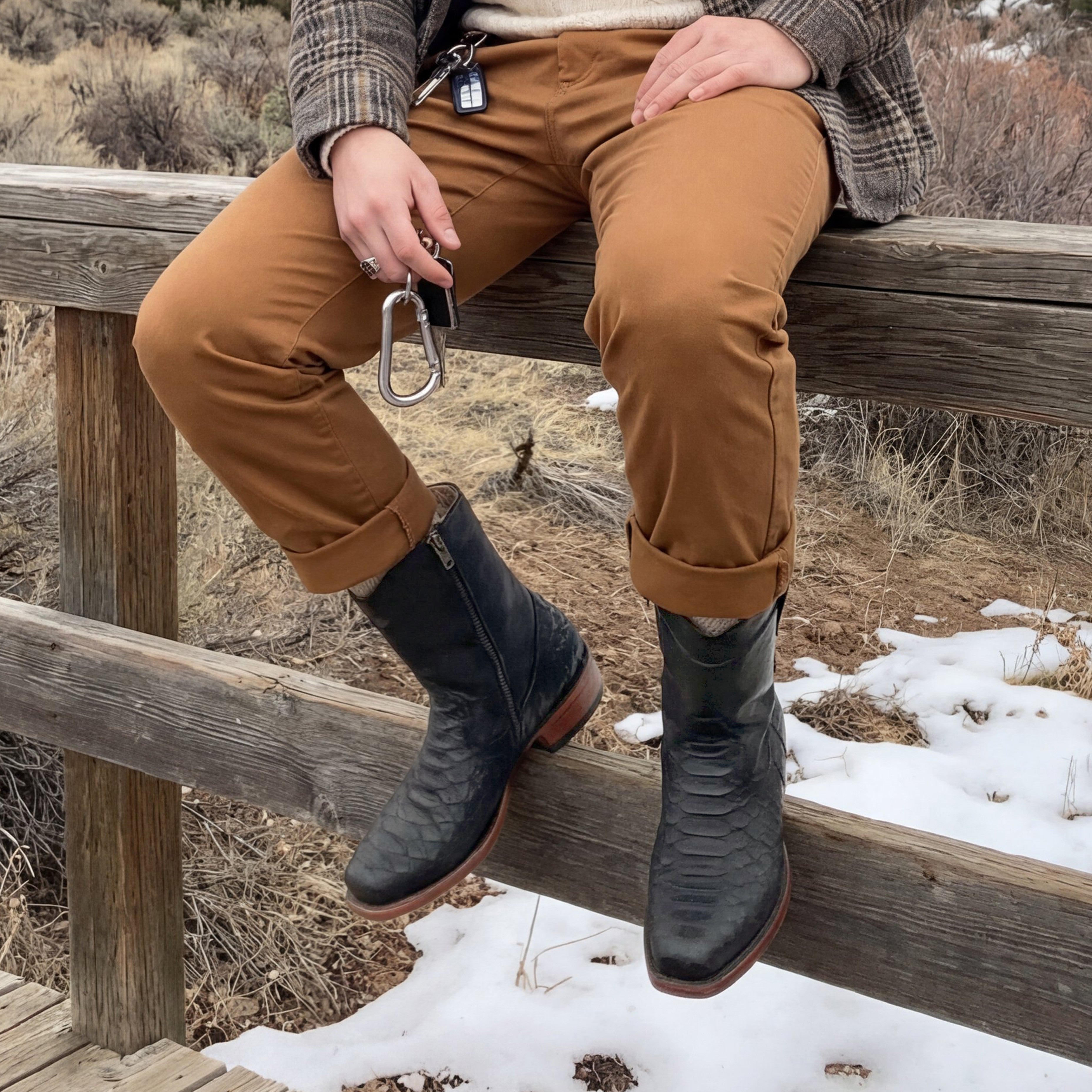 Men's Leather Mid-Calf Boots, Square Toe with Python Print, Full Side Zipper, Leather Sole