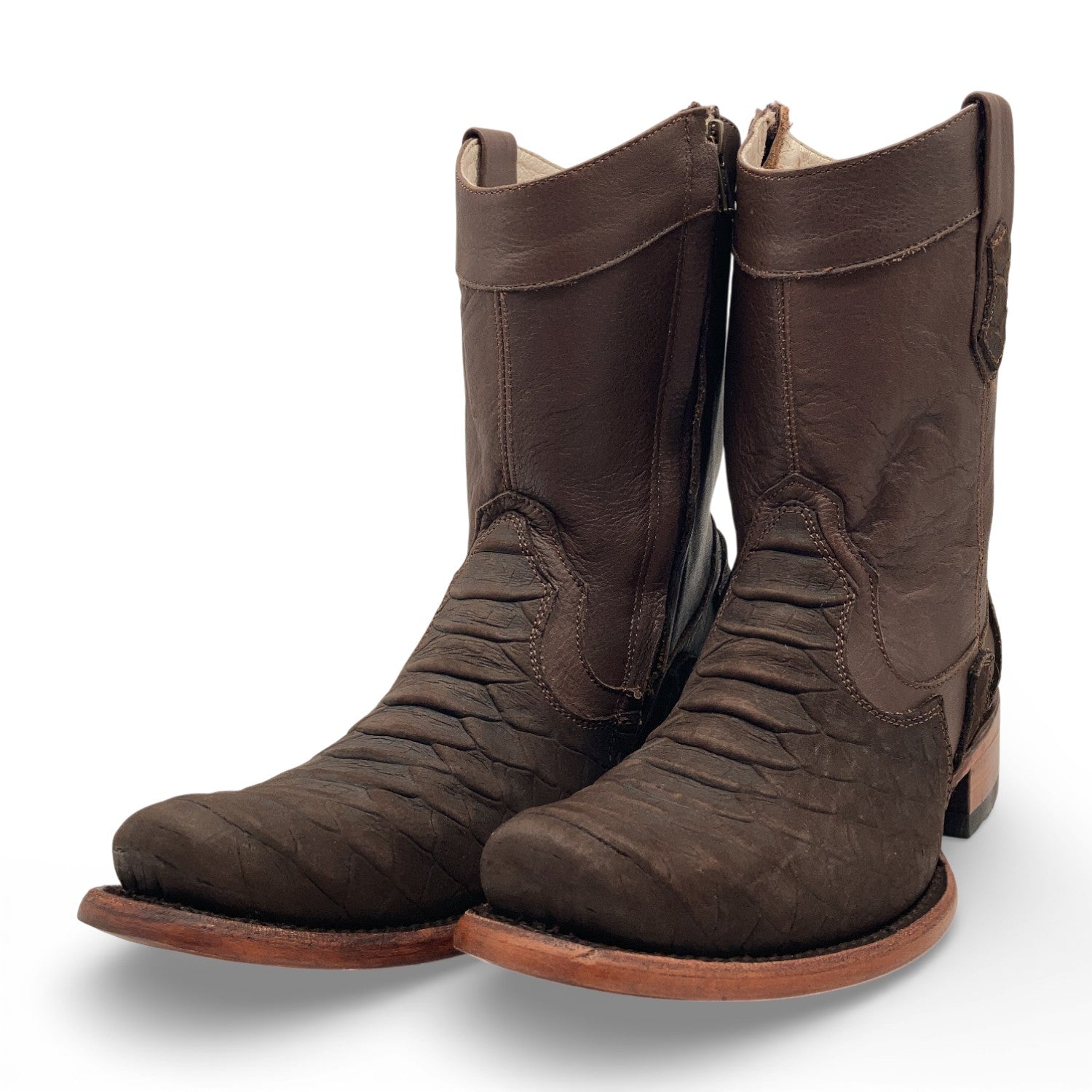 Men's Leather Mid-Calf Boots, Square Toe with Python Print, Full Side Zipper, Leather Sole