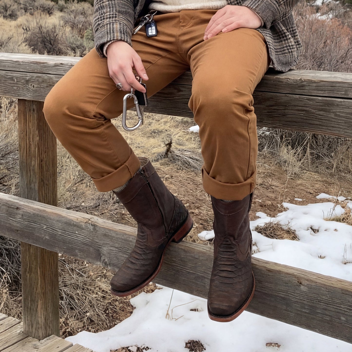 Men's Leather Mid-Calf Boots, Square Toe with Python Print, Full Side Zipper, Leather Sole