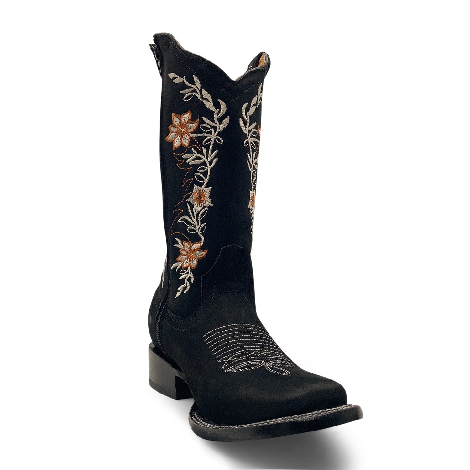 Women’s Western Cowgirl Boots – Leather Mid-Calf Square Toe Boots, Side Zipper Closure and Floral Embroidery