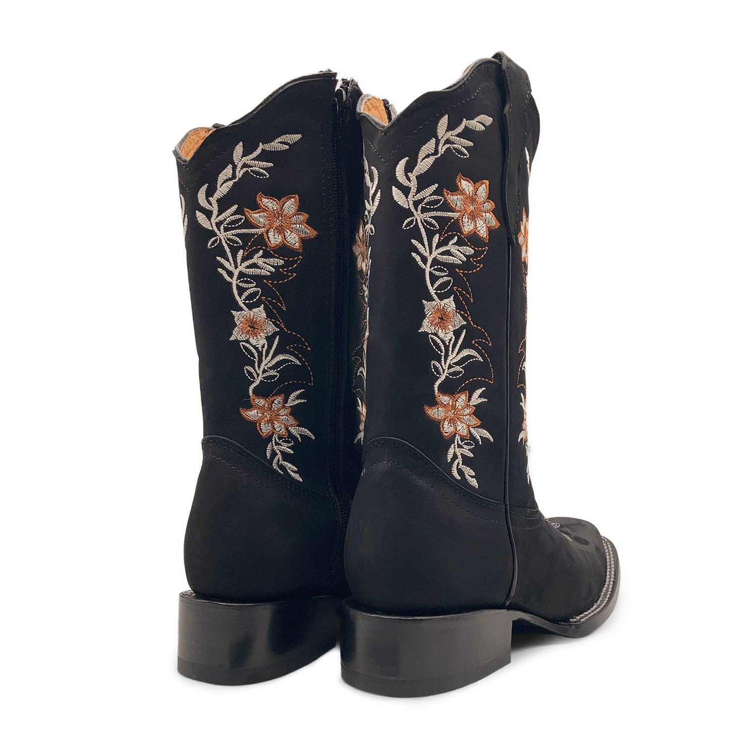 Women’s Western Cowgirl Boots – Leather Mid-Calf Square Toe Boots, Side Zipper Closure and Floral Embroidery