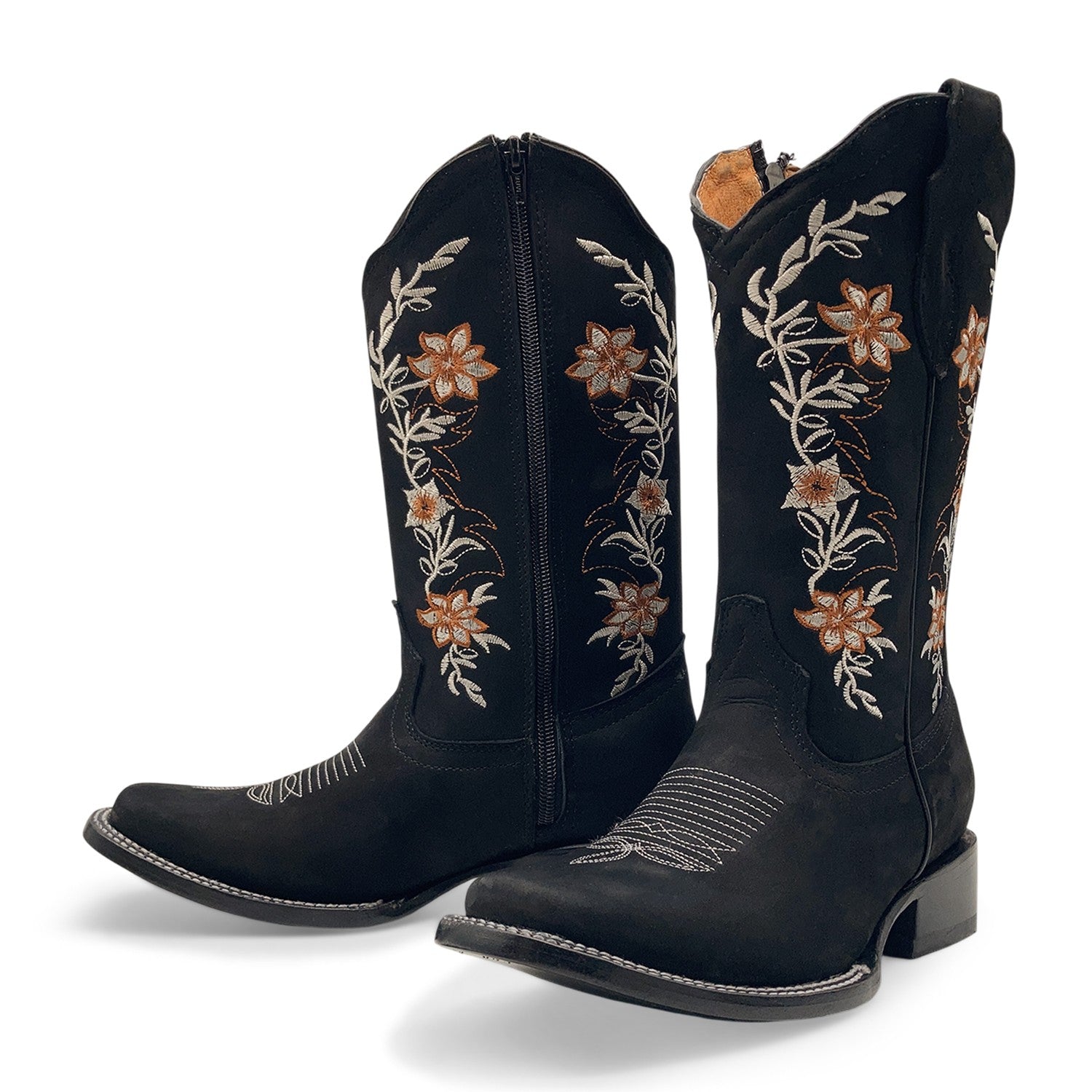 Women’s Western Cowgirl Boots – Leather Mid-Calf Square Toe Boots, Side Zipper Closure and Floral Embroidery