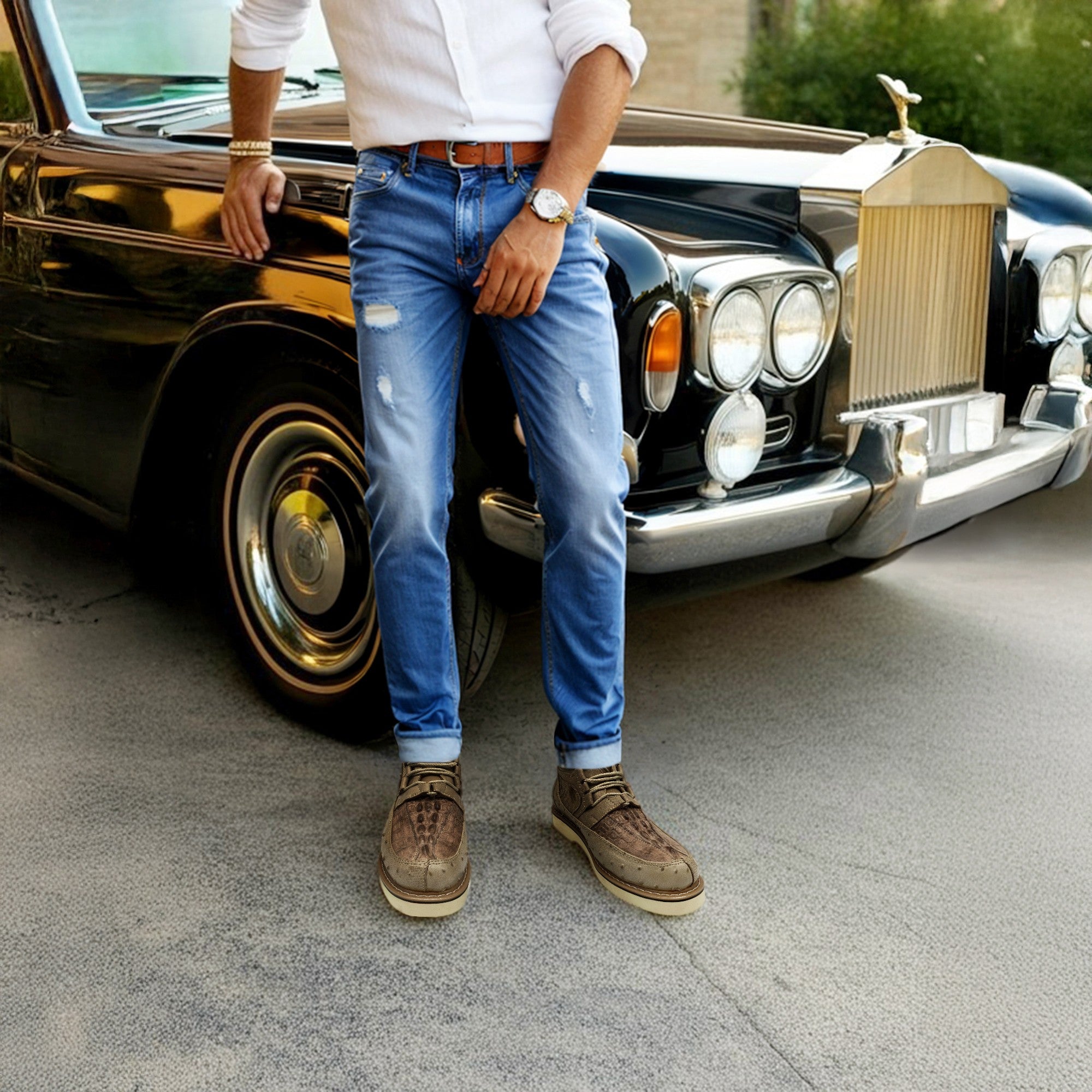 Men's Embossed Crocodile Ostrich Print Leather Lace Up Shoe