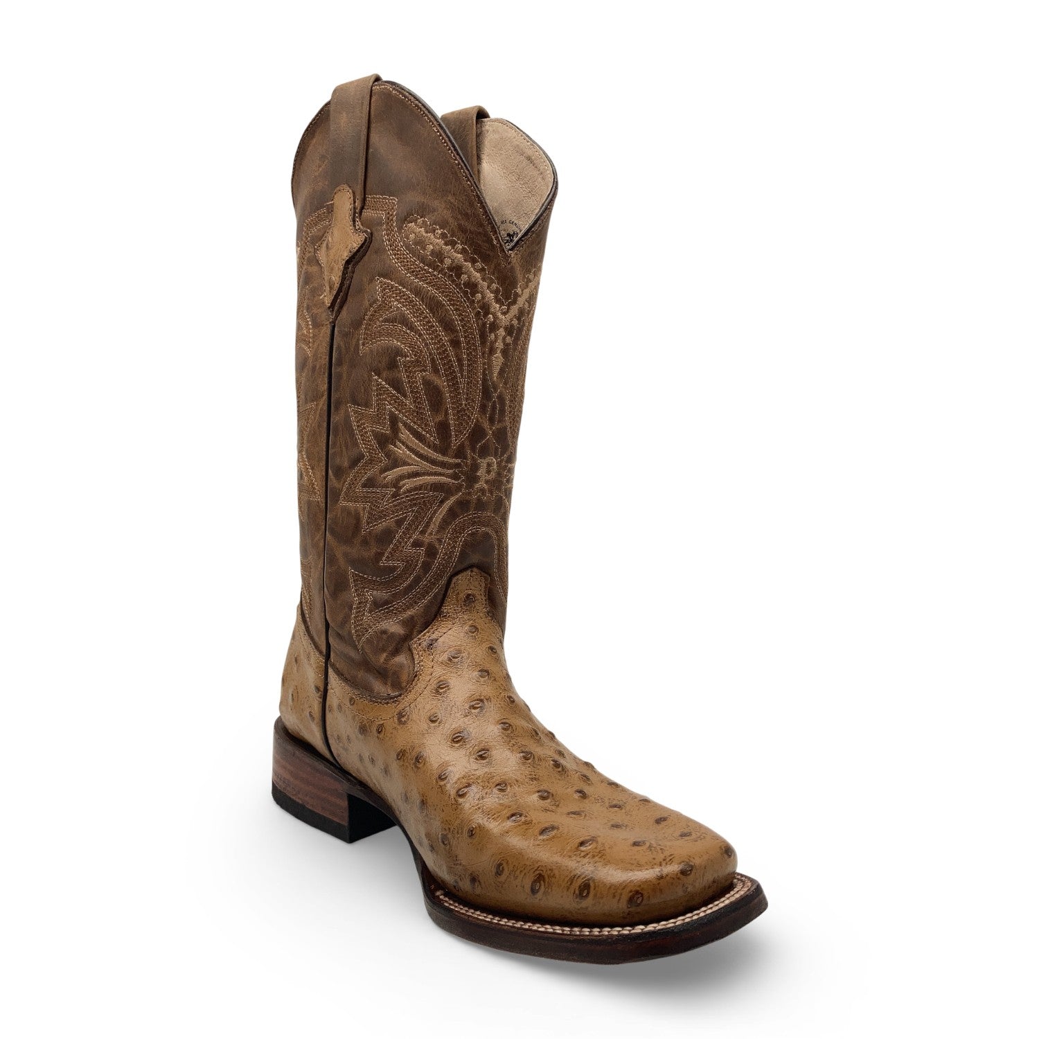 Men’s Leather Cowboy Boot Square Toe Embossed Ostrich Print Western Boot