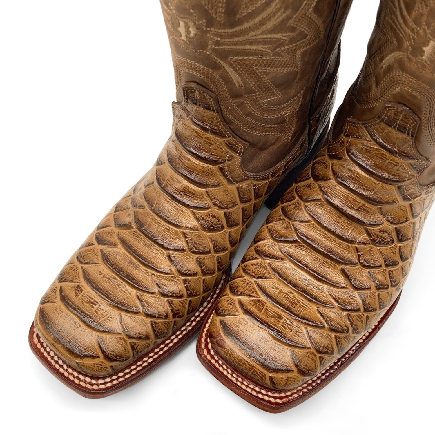 Men’s Leather Cowboy Boot Square Toe Embossed Python Print