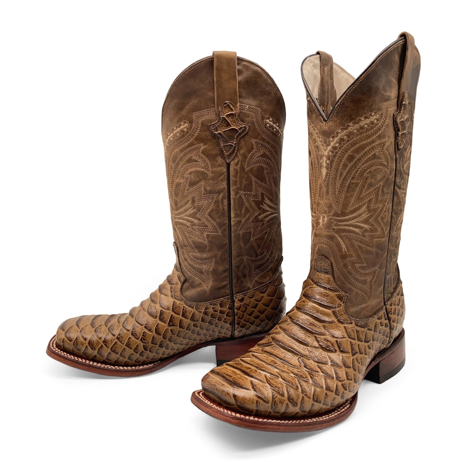 Men’s Leather Cowboy Boot Square Toe Embossed Python Print