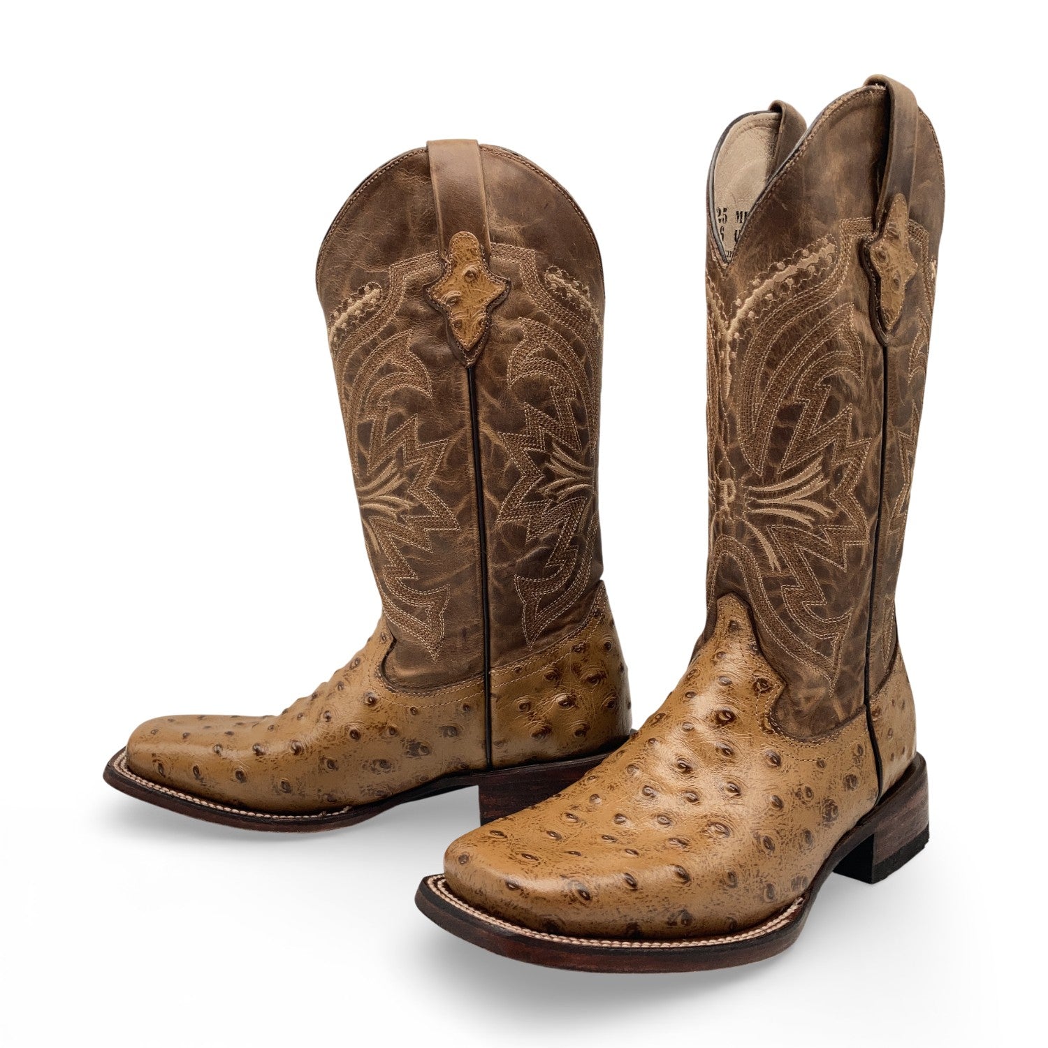 Men’s Leather Cowboy Boot Square Toe Embossed Ostrich Print Western Boot