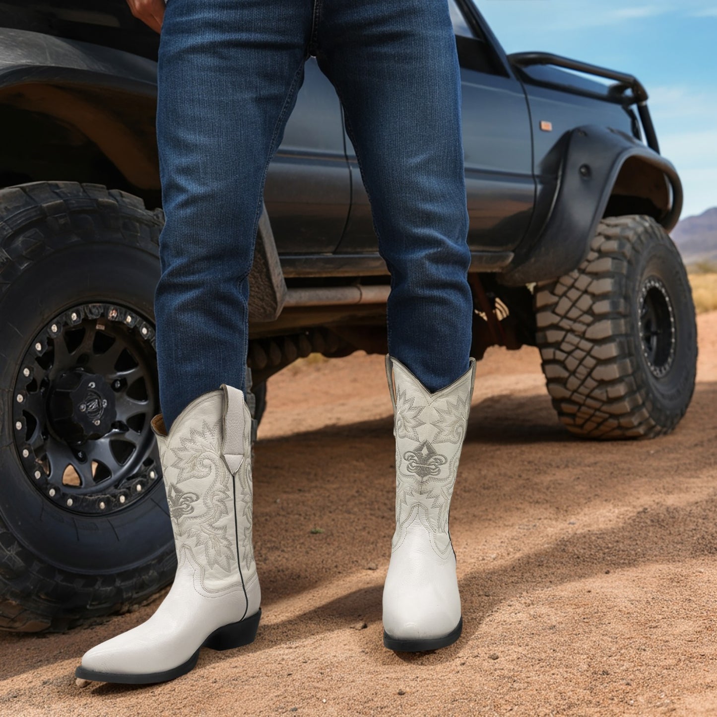 White Leather Men's J Toe Western Cowboy Boot